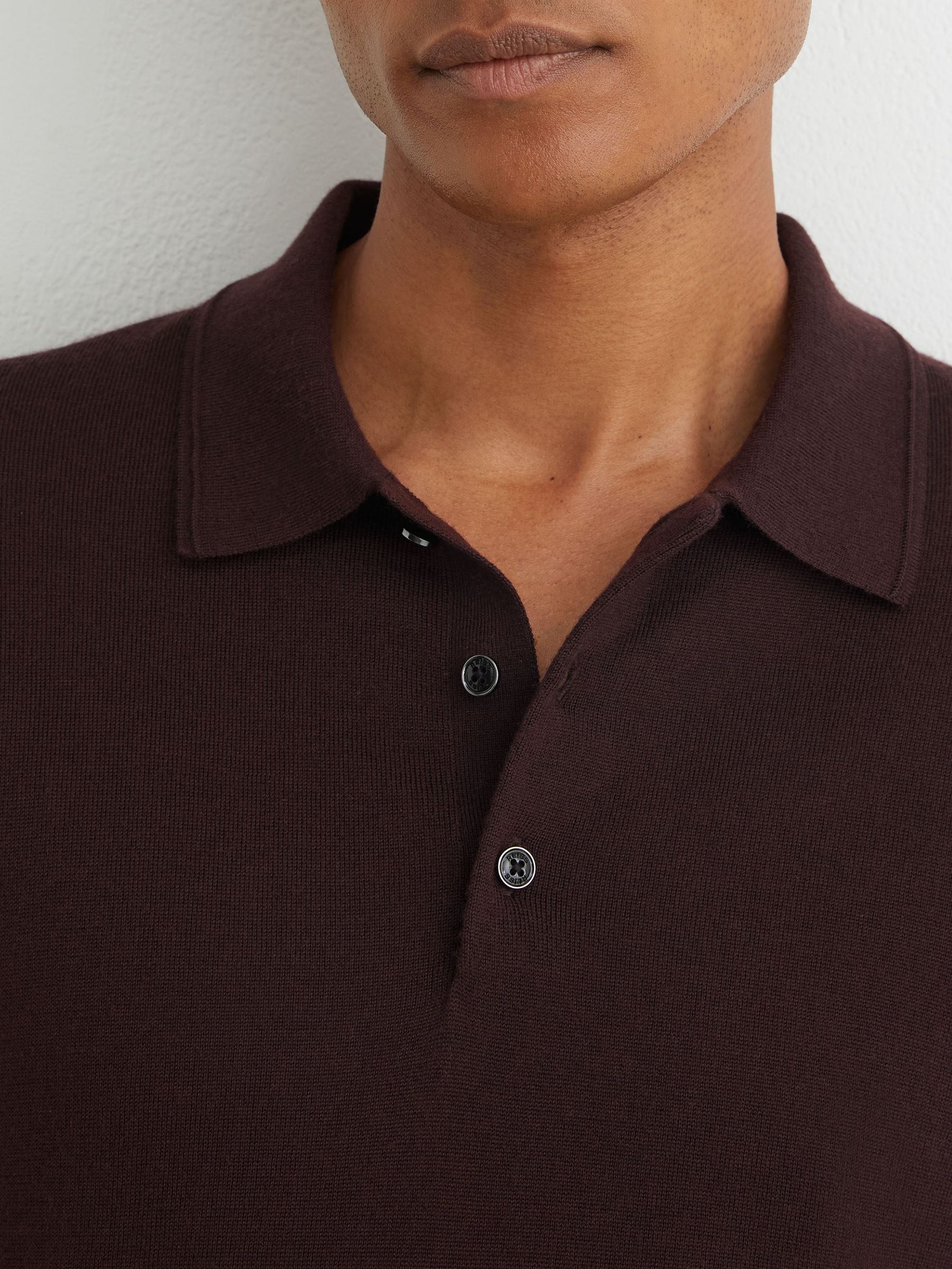 Merino Wool Long-Sleeve Polo Shirt in Bordeaux - Image 4 of 6