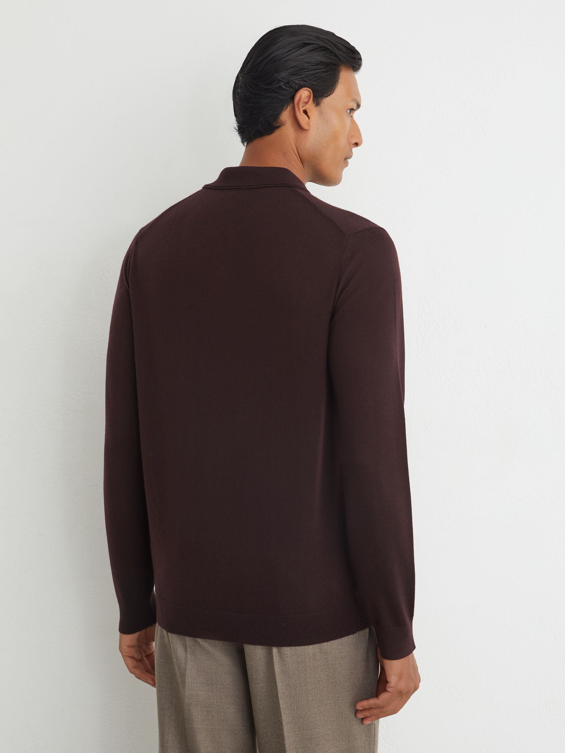 Merino Wool Long-Sleeve Polo Shirt in Bordeaux - Image 5 of 6