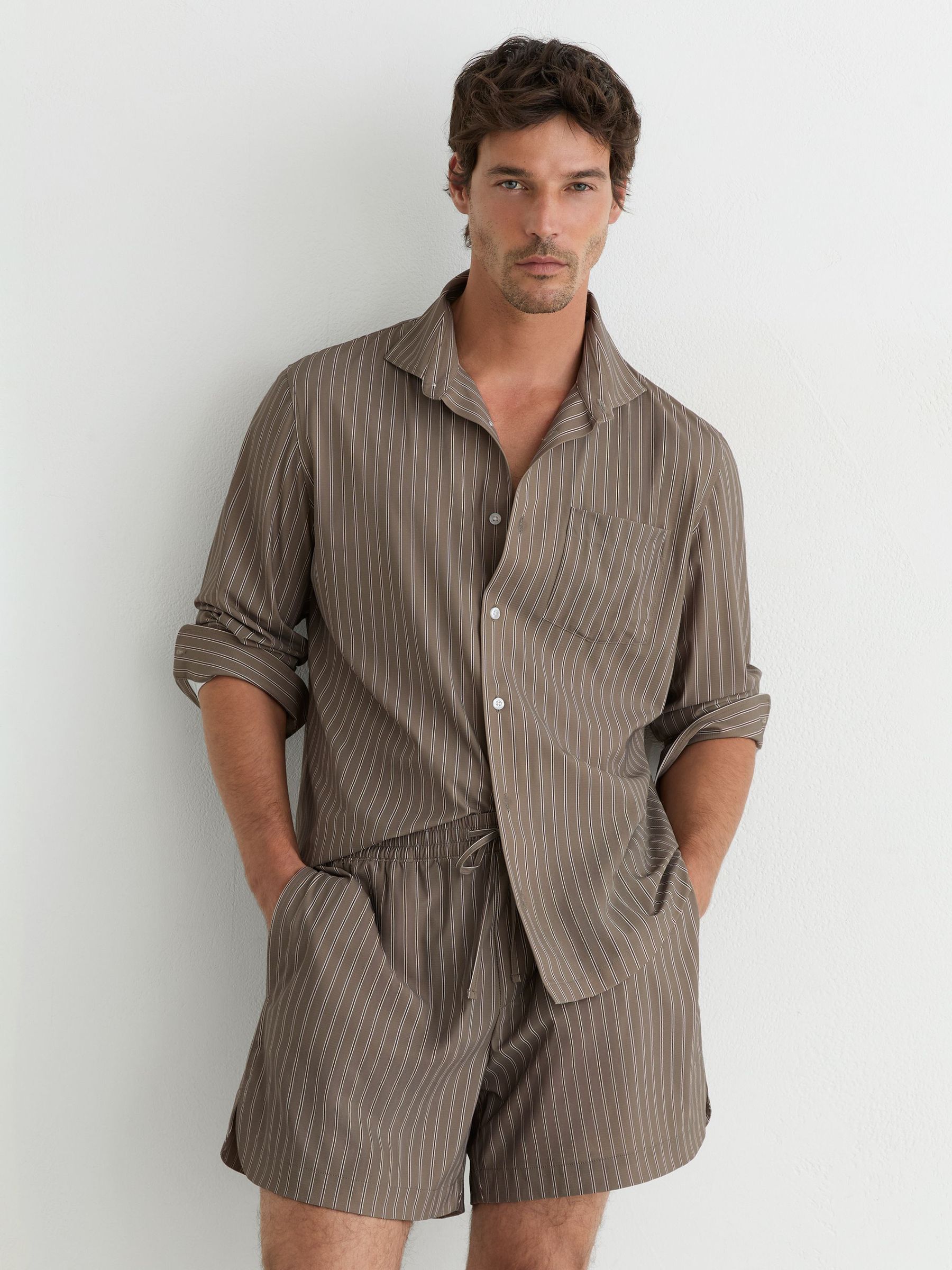 Stripe Drawstring Shorts in Taupe Brown - Image 1 of 6 Stripe Drawstring Shorts in Taupe Brown - Image 1 of 6