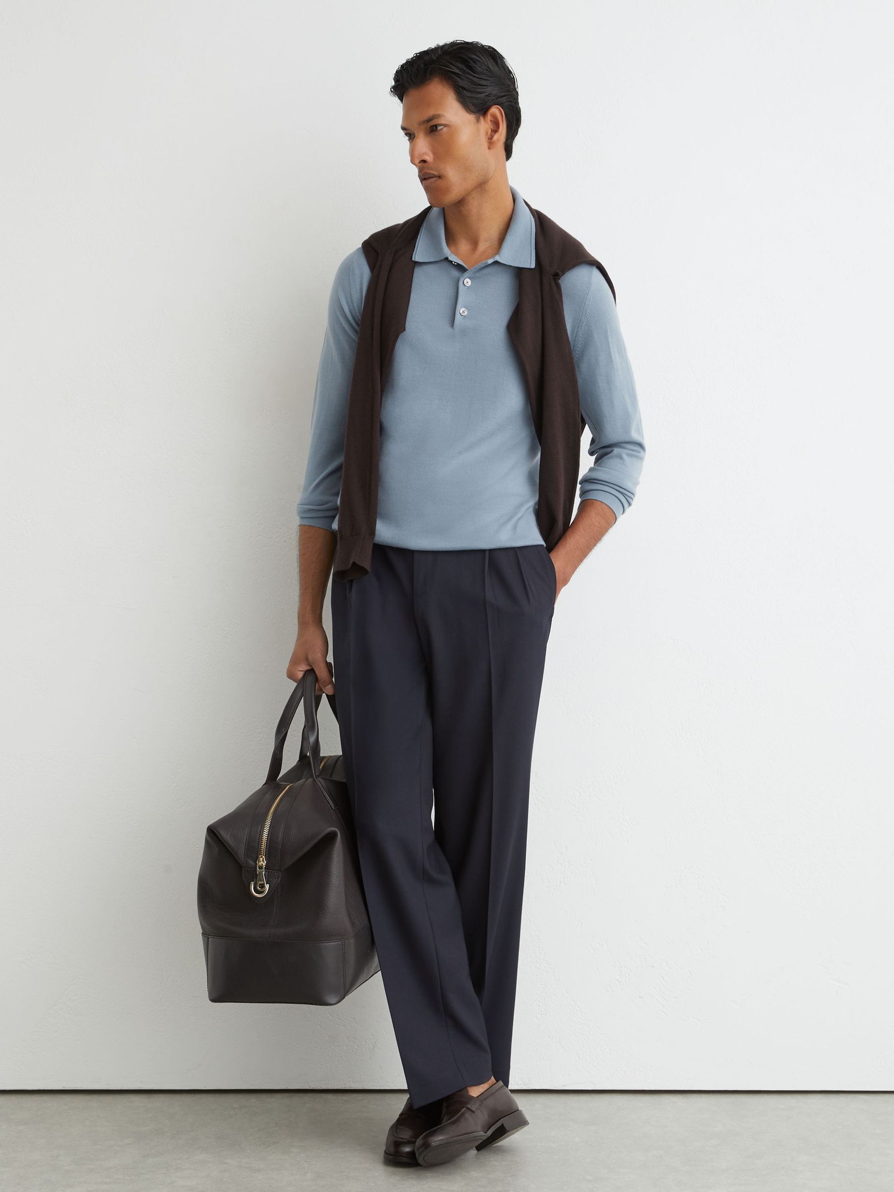 Merino Wool Long-Sleeve Polo Shirt in Armour Blue - Image 1 of 6