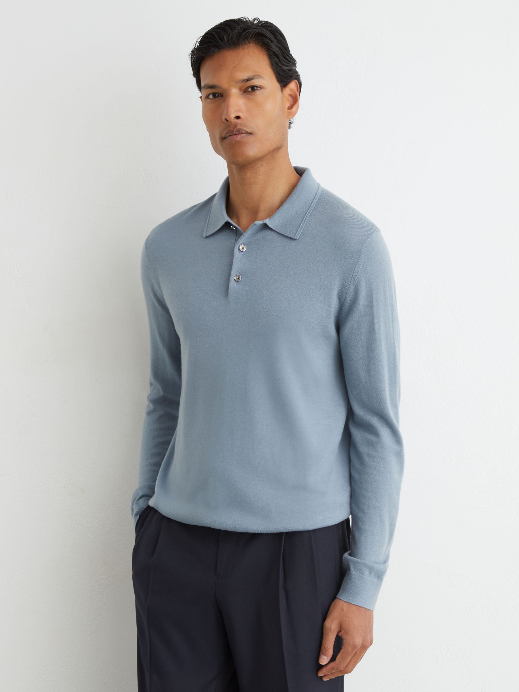 Merino Wool Long-Sleeve Polo Shirt in Armour Blue - Image 4 of 6