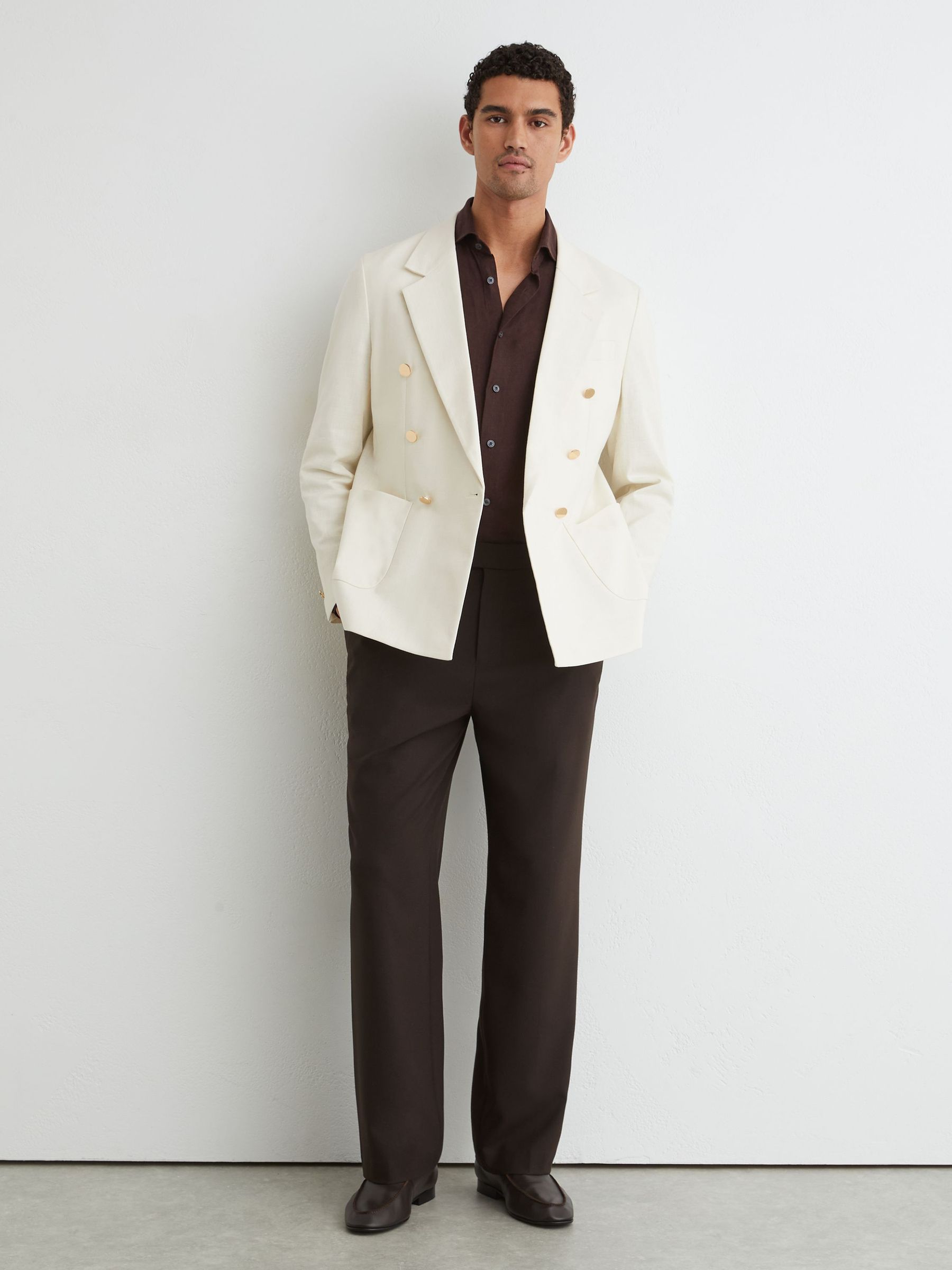 Cotton Textured Double-Breasted Blazer Tailored-Fit in Off White - Image 3 of 10