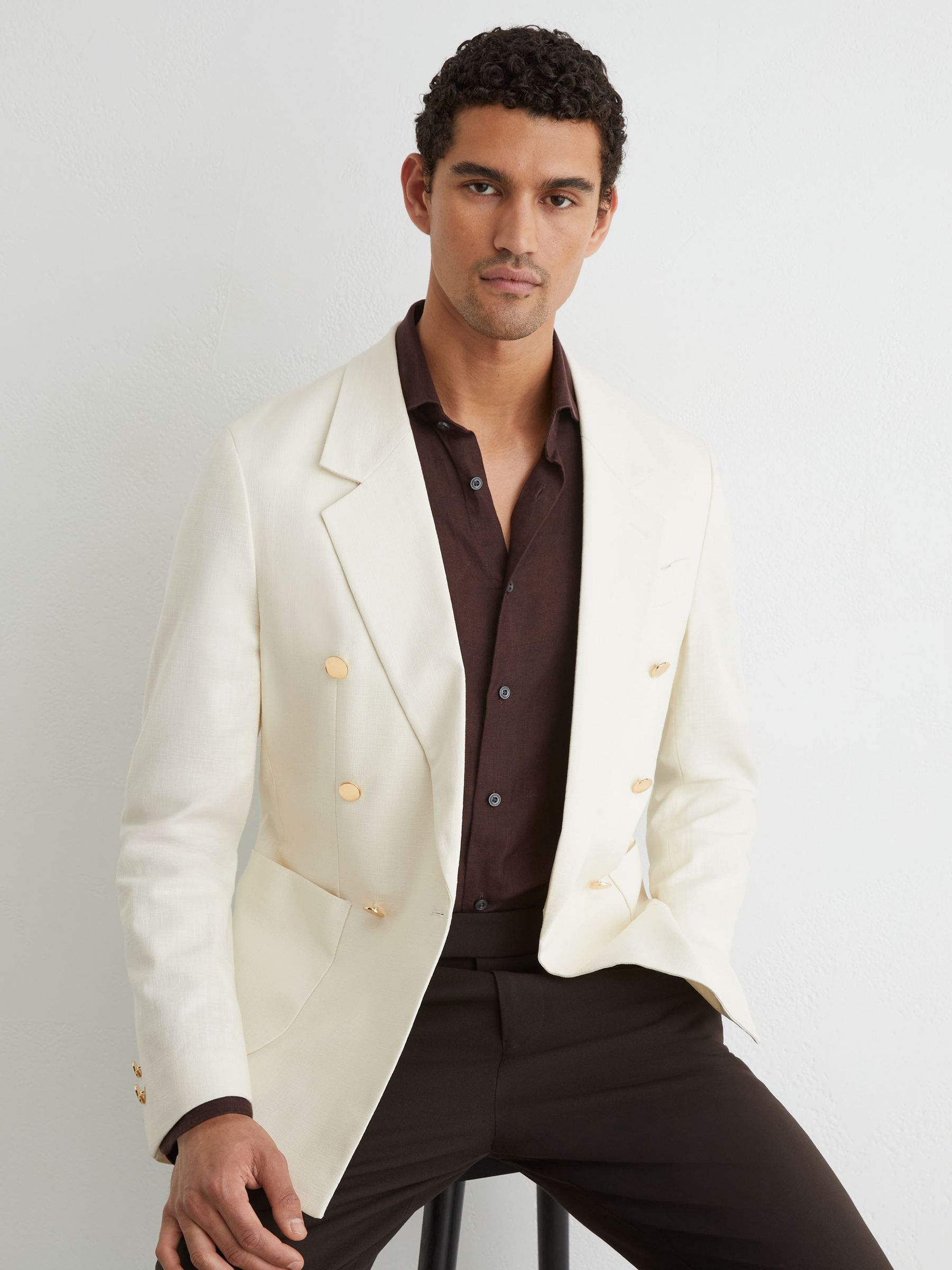 Cotton Textured Double-Breasted Blazer Tailored-Fit in Off White - Image 5 of 10