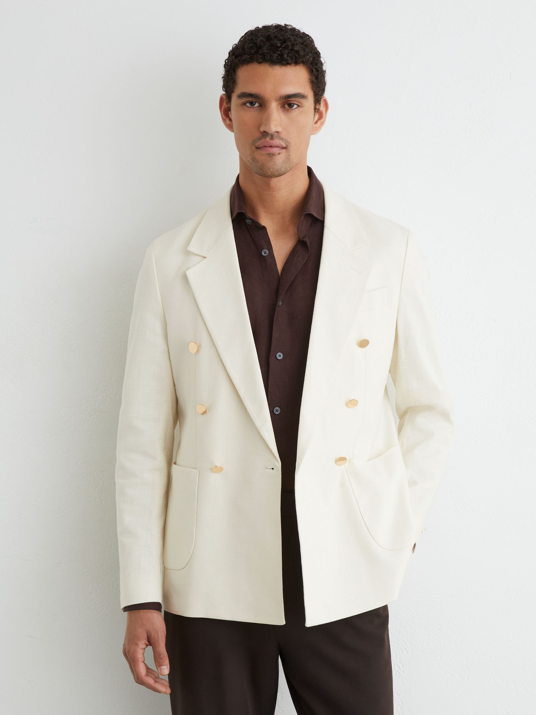 Cotton Textured Double-Breasted Blazer Tailored-Fit in Off White - Image 8 of 10