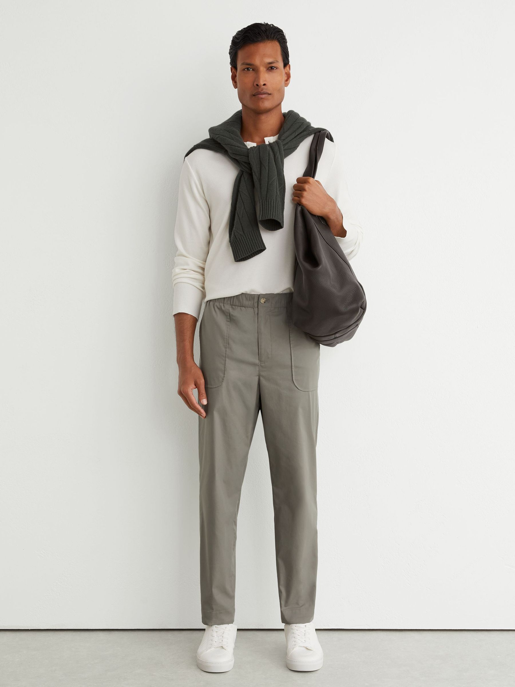 Cotton-Blend Lightweight Tapered Trousers in Sage Green - Image 1 of 6 Cotton-Blend Lightweight Tapered Trousers in Sage Green - Image 1 of 6