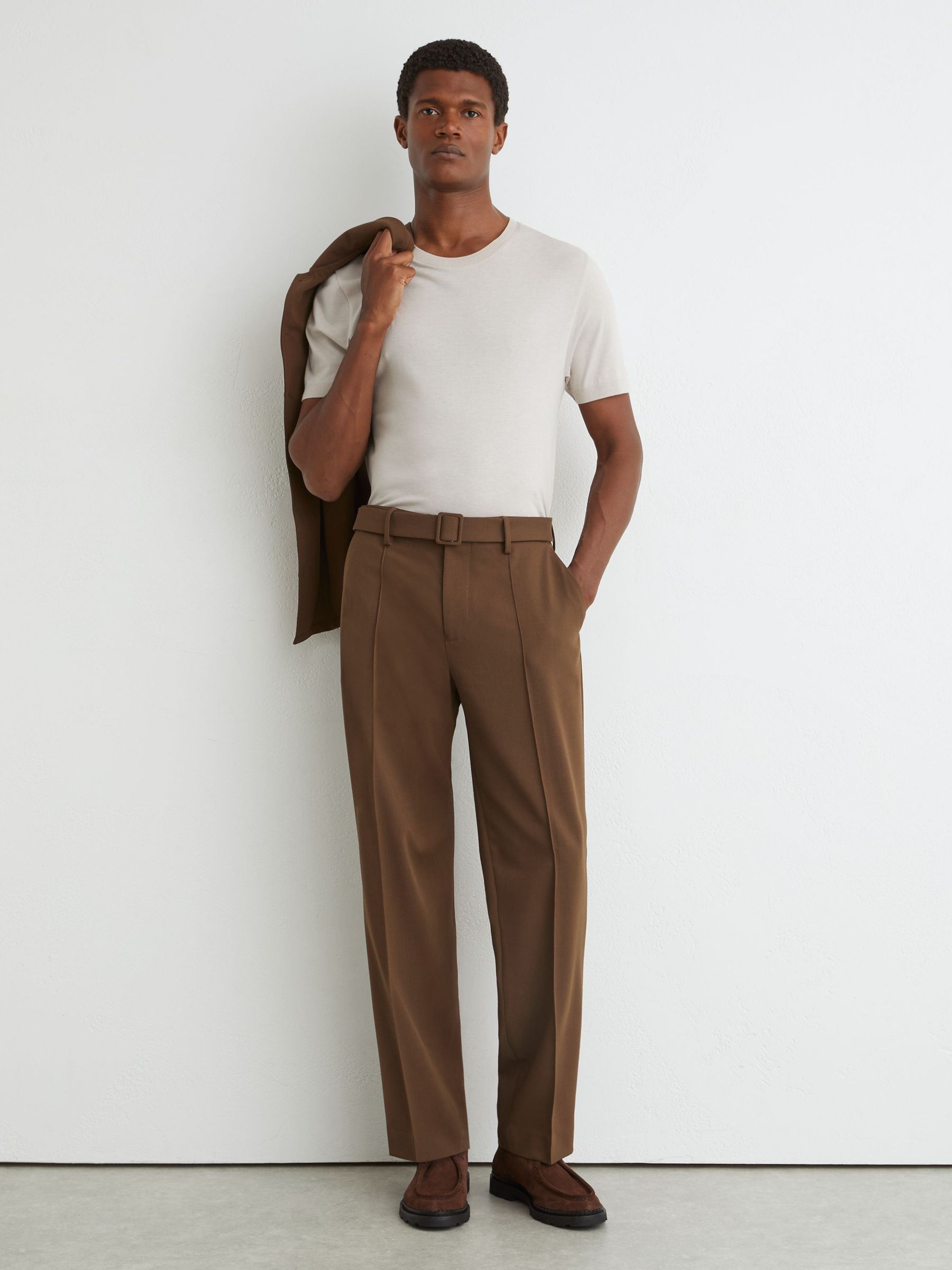 Relaxed-Fit Belted Pintuck Trousers in Tobacco Brown - Image 1 of 6