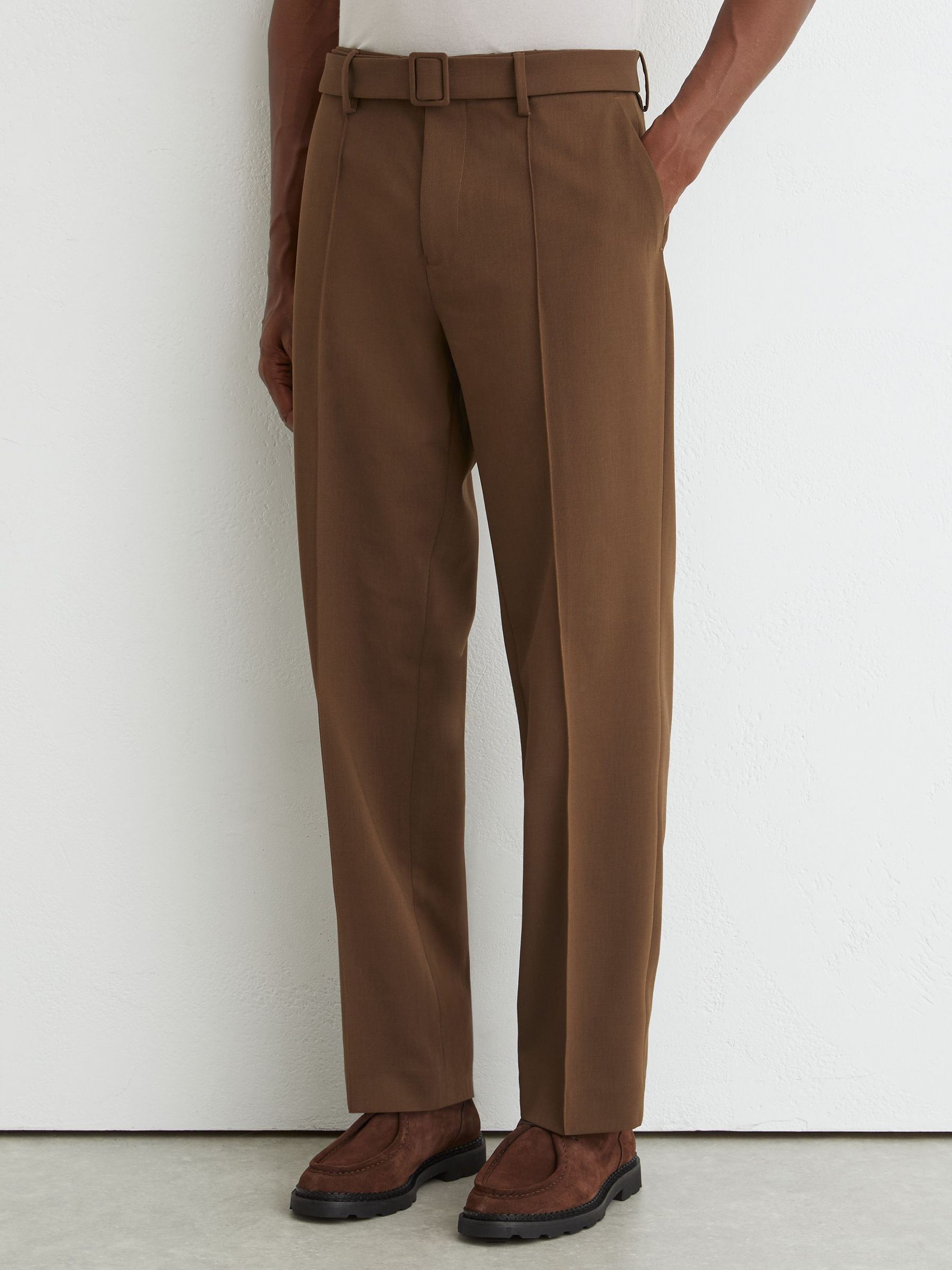 Relaxed-Fit Belted Pintuck Trousers in Tobacco Brown - Image 3 of 6