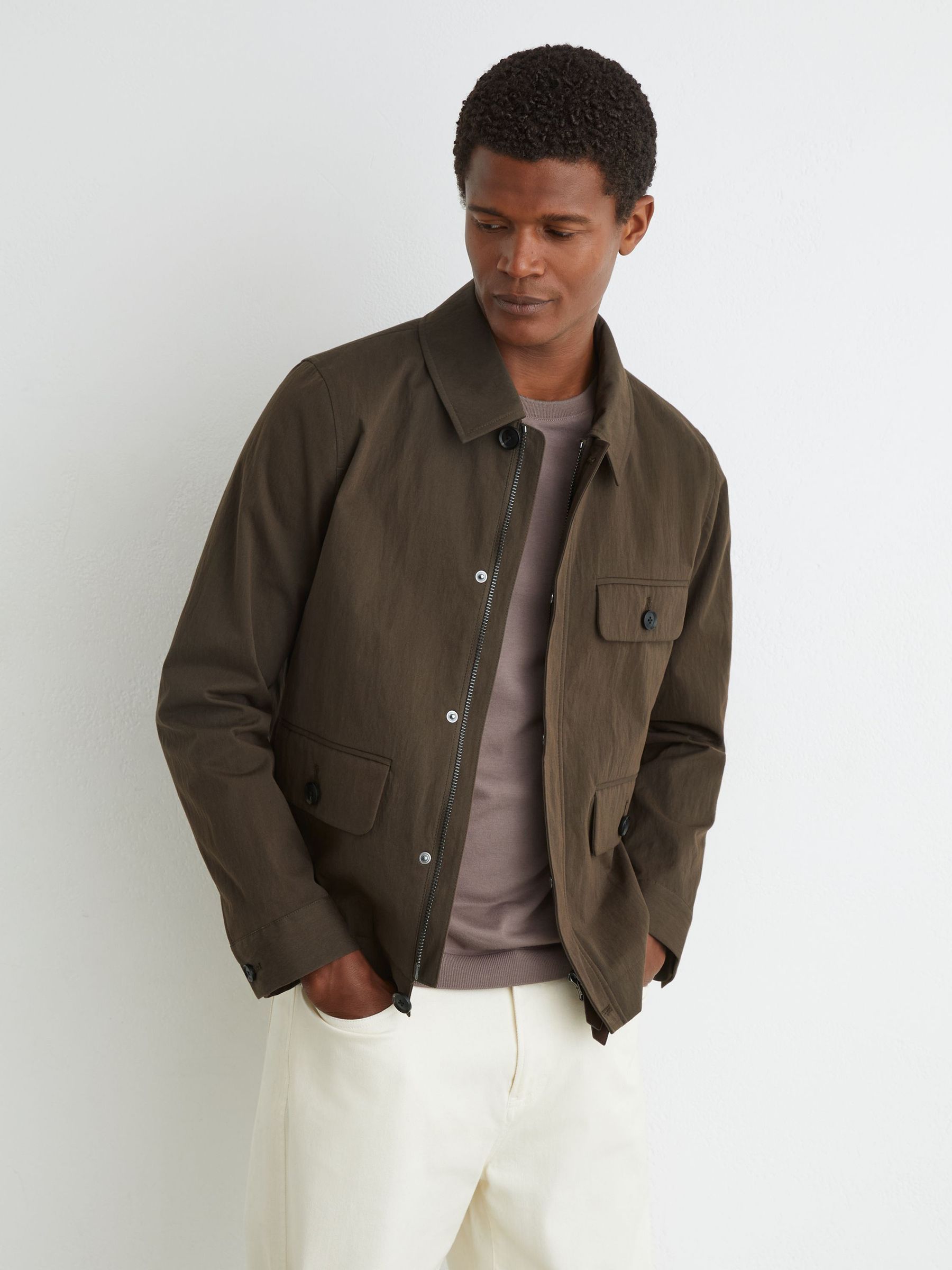 Cotton-Blend Zip-Through Jacket in Brown - Image 1 of 6 Cotton-Blend Zip-Through Jacket in Brown - Image 1 of 6