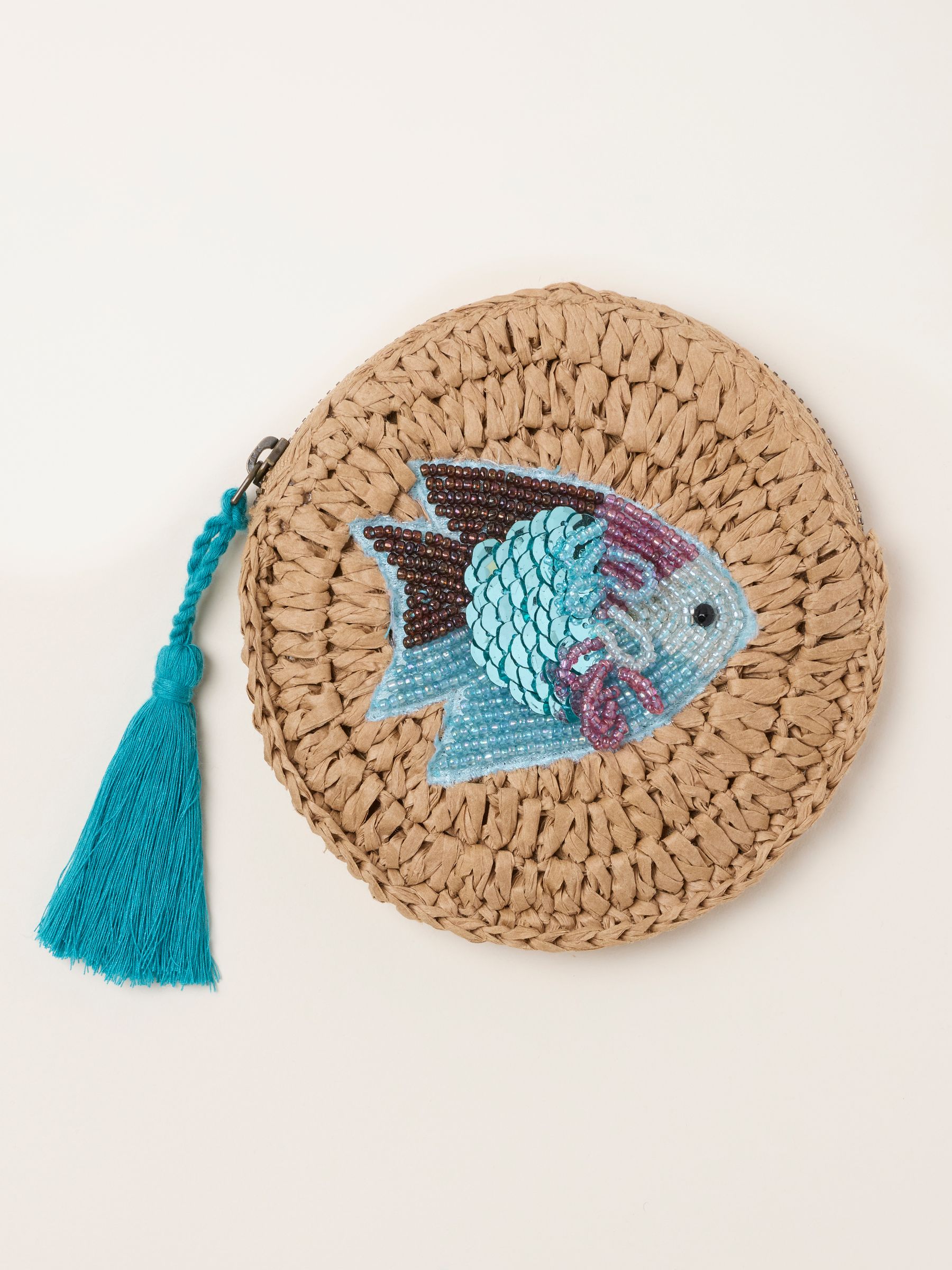 Natural Fish Beaded Raffia Pouch - Image 1 of 3 Natural Fish Beaded Raffia Pouch - Image 1 of 3