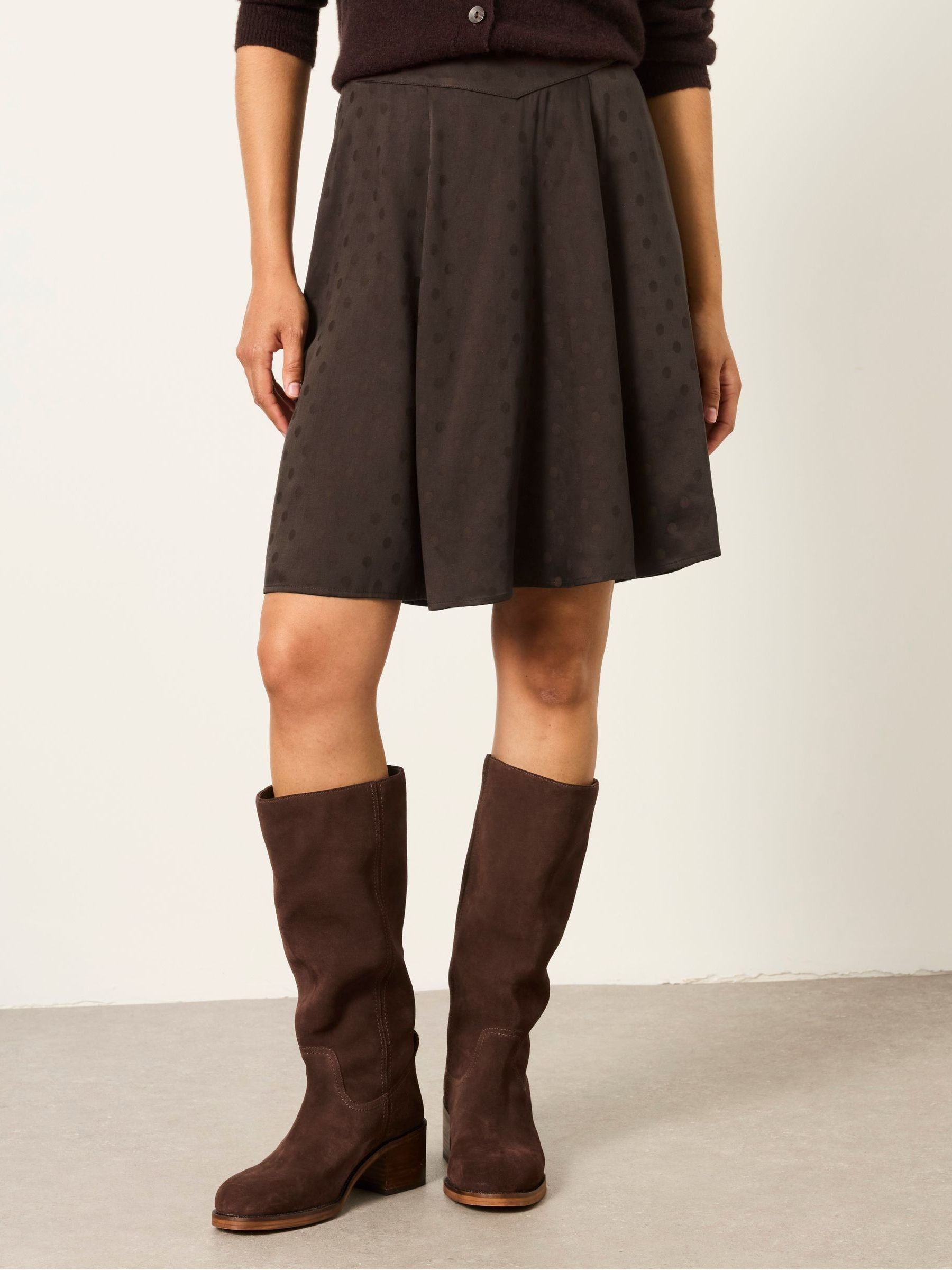 Selena Chocolate Brown Polka Dot Satin Mini Skirt - Image 1 of 6