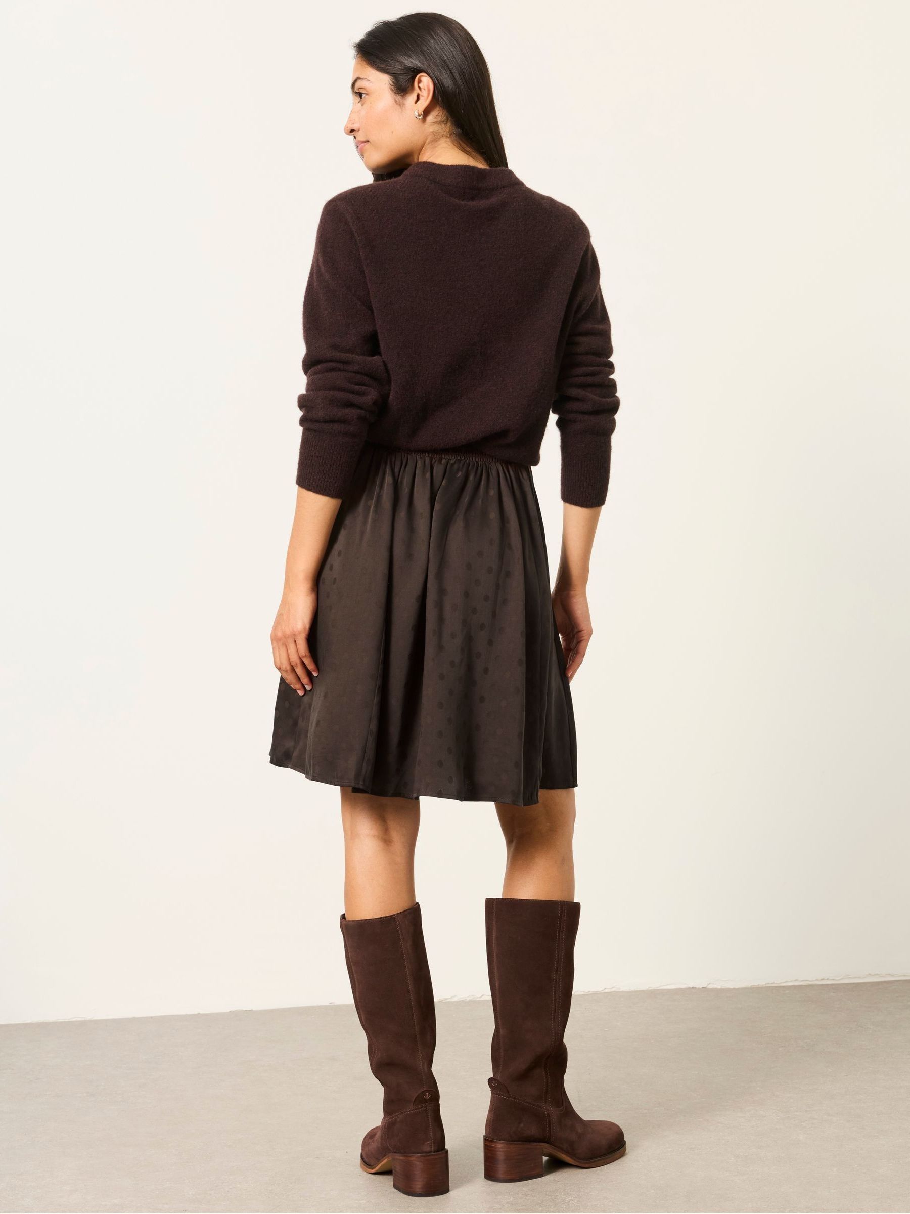 Selena Chocolate Brown Polka Dot Satin Mini Skirt - Image 2 of 6 Selena Chocolate Brown Polka Dot Satin Mini Skirt - Image 2 of 6