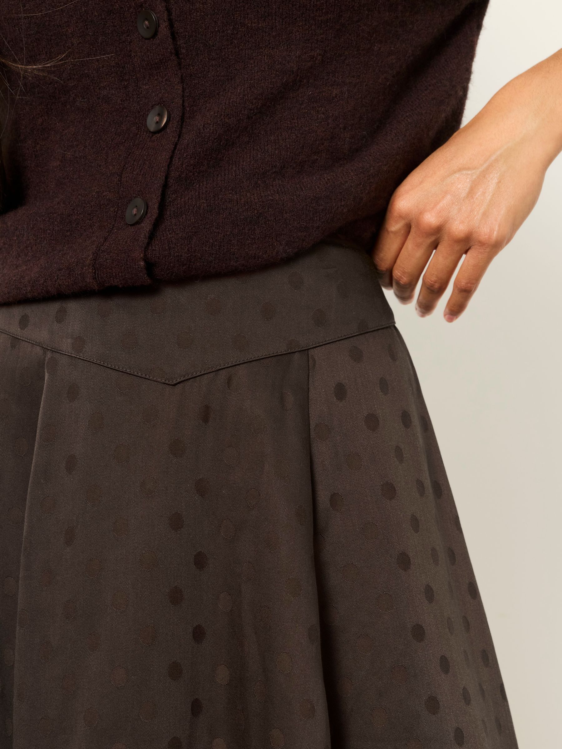 Selena Chocolate Brown Polka Dot Satin Mini Skirt - Image 3 of 6