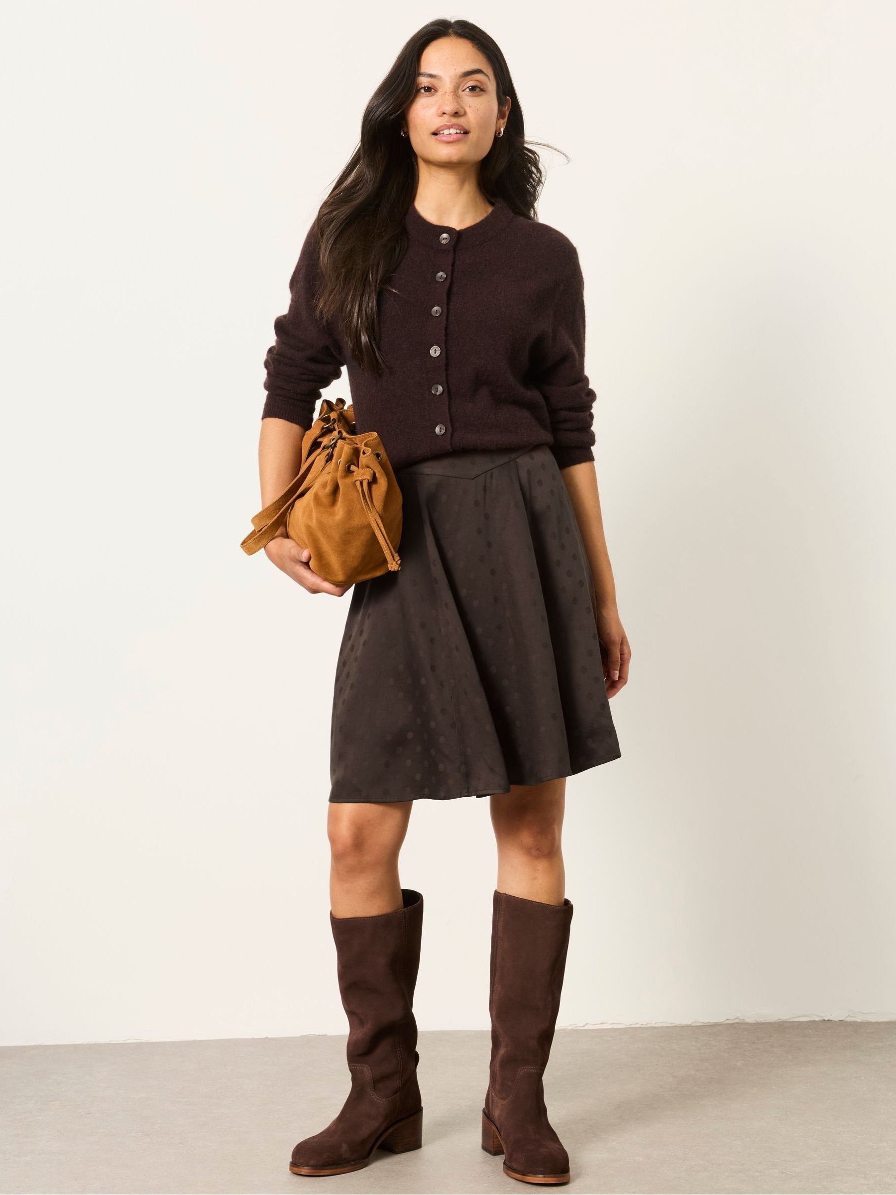 Selena Chocolate Brown Polka Dot Satin Mini Skirt - Image 4 of 6