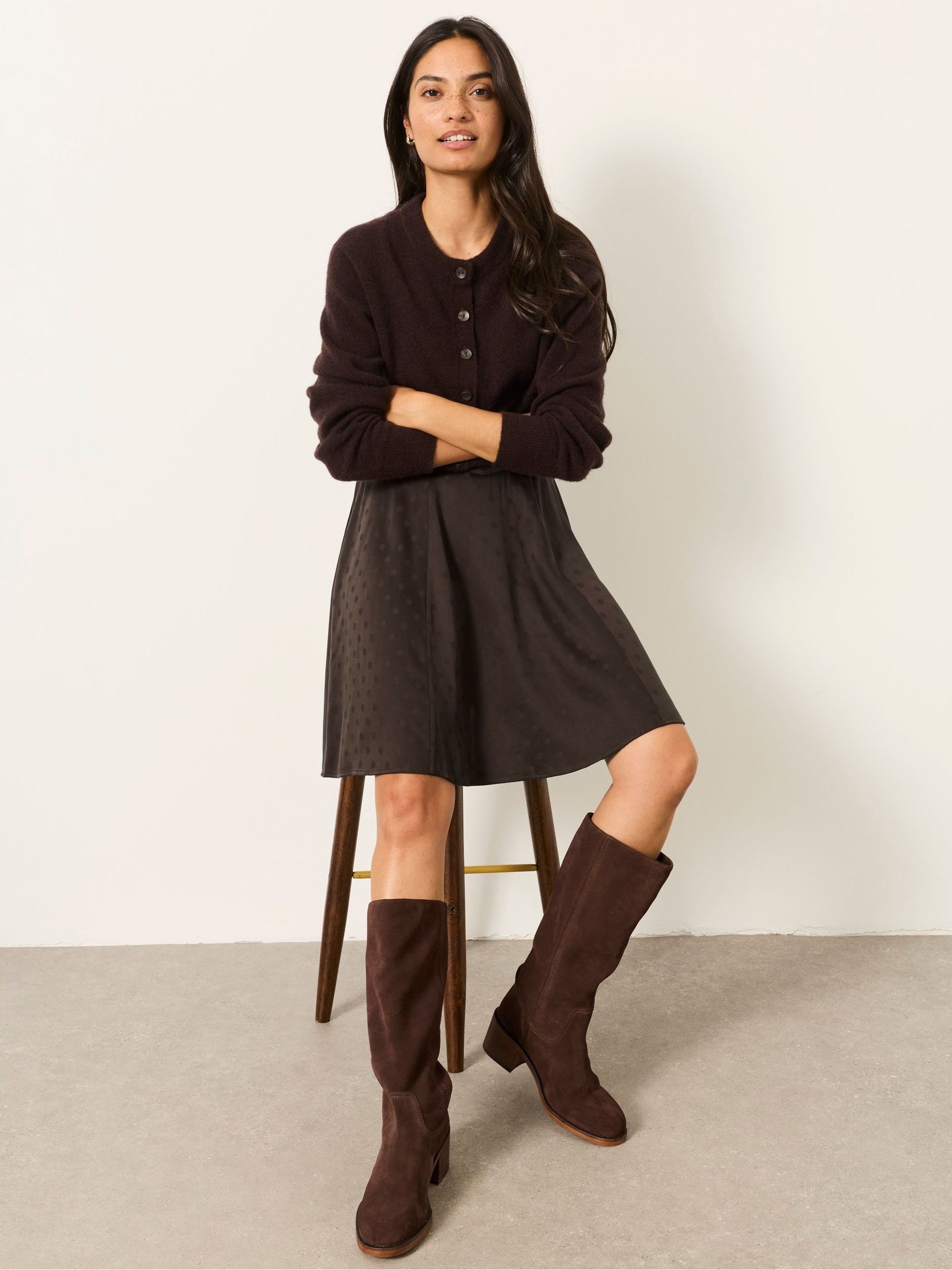 Selena Chocolate Brown Polka Dot Satin Mini Skirt - Image 5 of 6