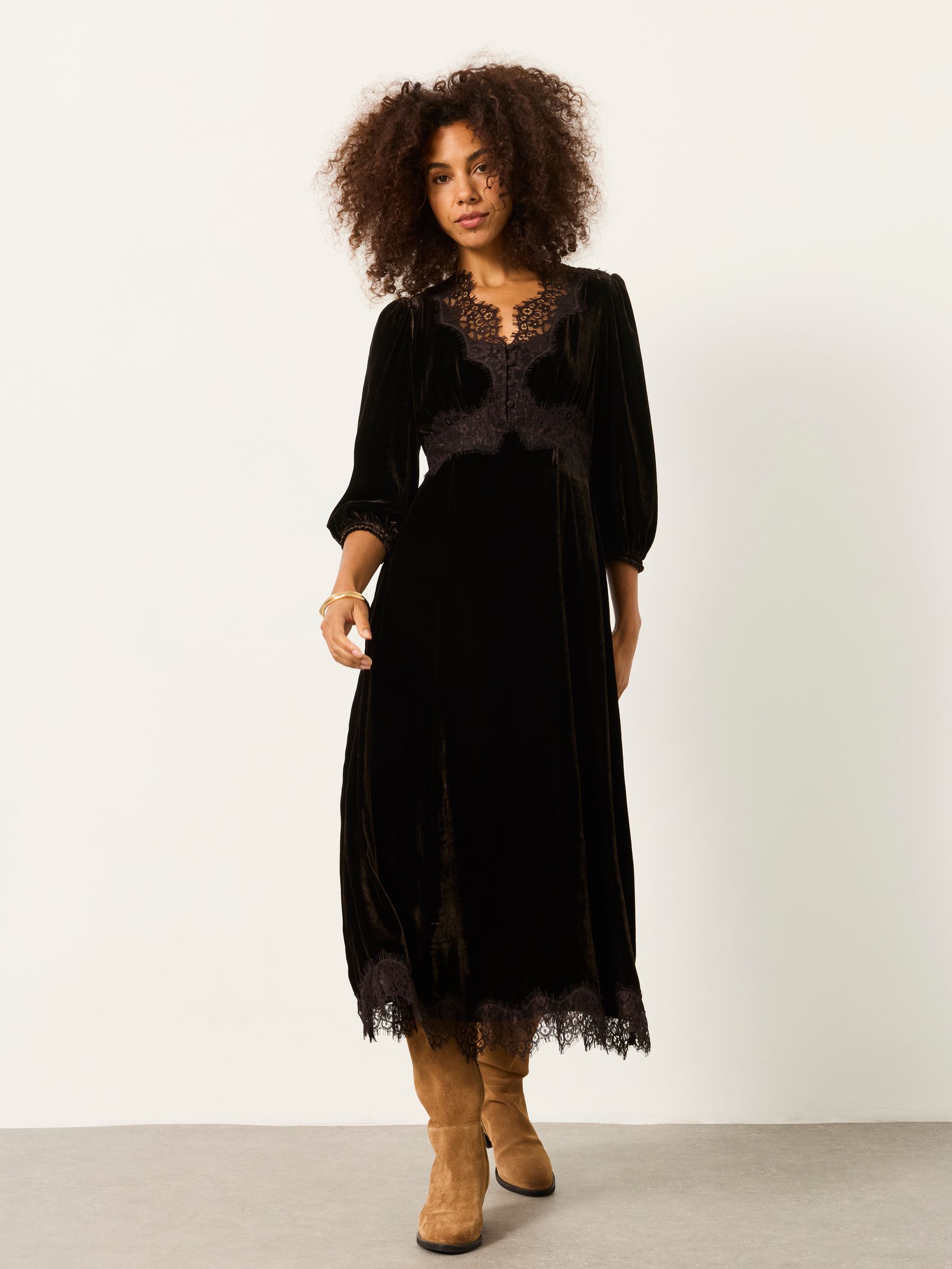 Libby Chocolate Brown Velvet Midi Dress - Image 1 of 5