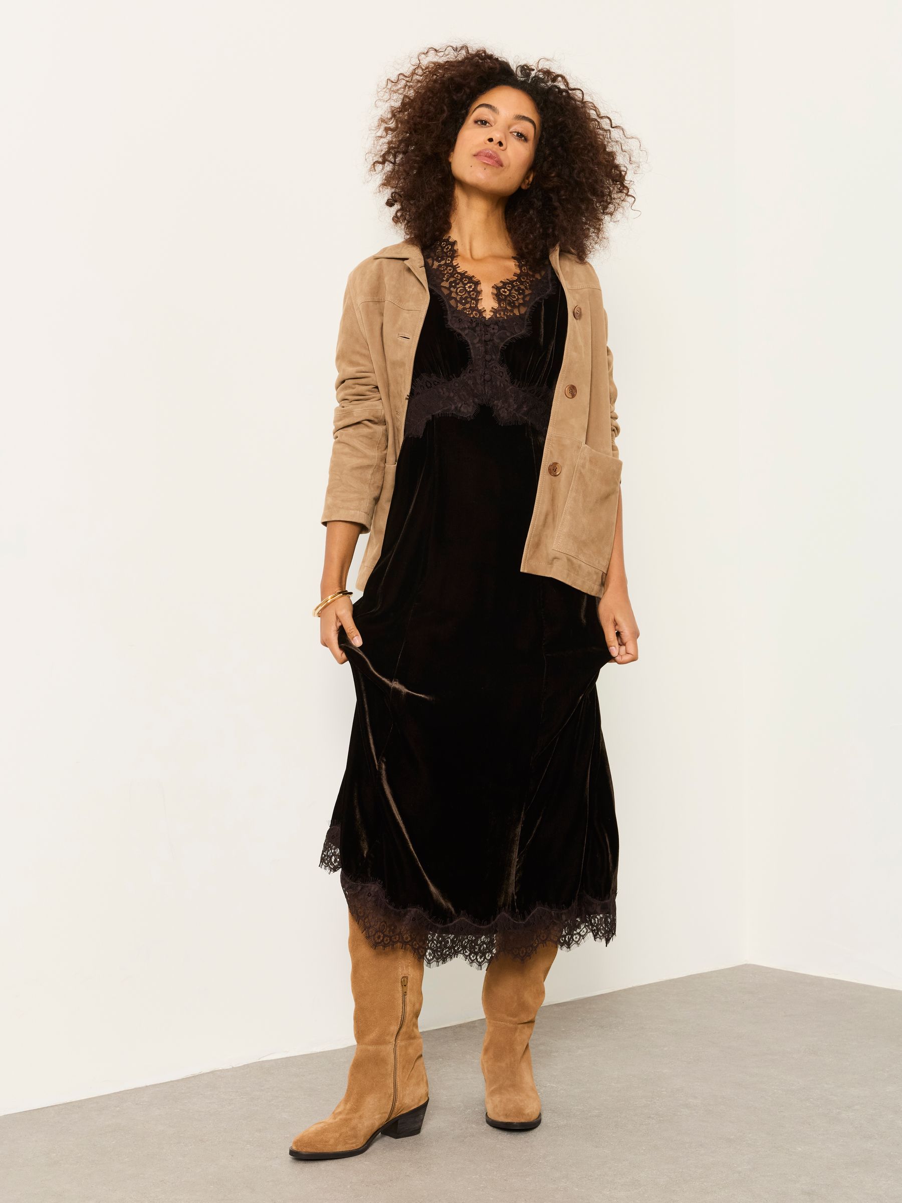 Libby Chocolate Brown Velvet Midi Dress - Image 5 of 5