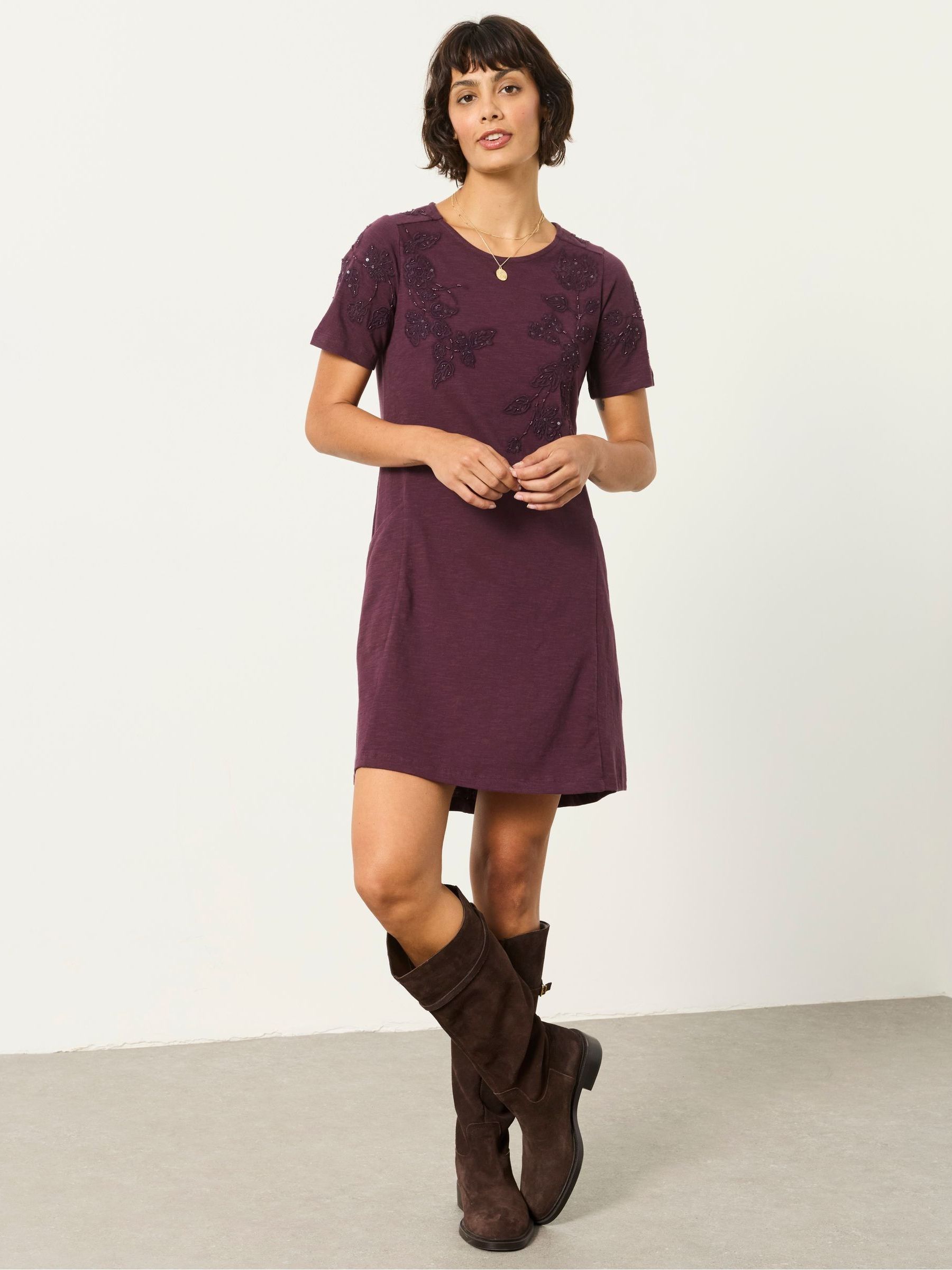 Simone Dark Purple Floral Jersey Dress - Image 1 of 6