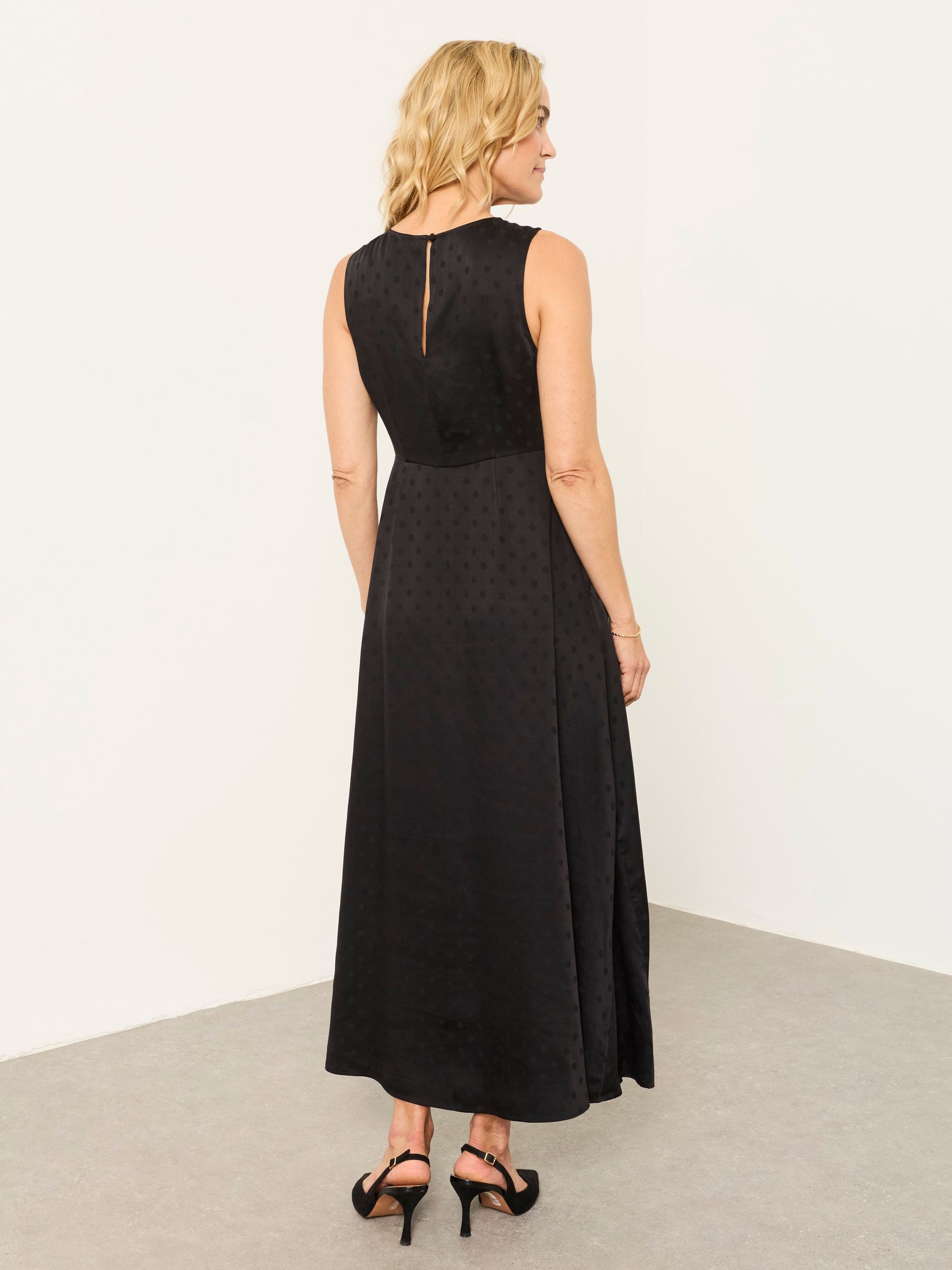Helene 2 in 1 Black Polka Dot Satin Maxi Dress with Sparkle Cardigan - Image 2 of 5 Helene 2 in 1 Black Polka Dot Satin Maxi Dress with Sparkle Cardigan - Image 2 of 5