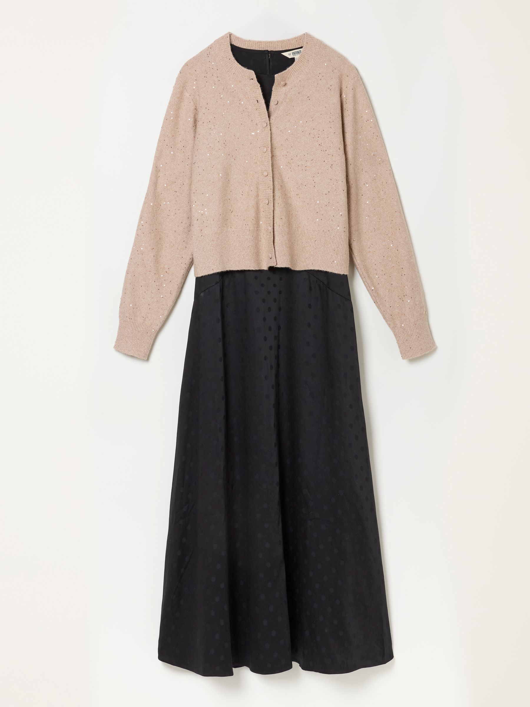 Helene 2 in 1 Black Polka Dot Satin Maxi Dress with Sparkle Cardigan - Image 5 of 5