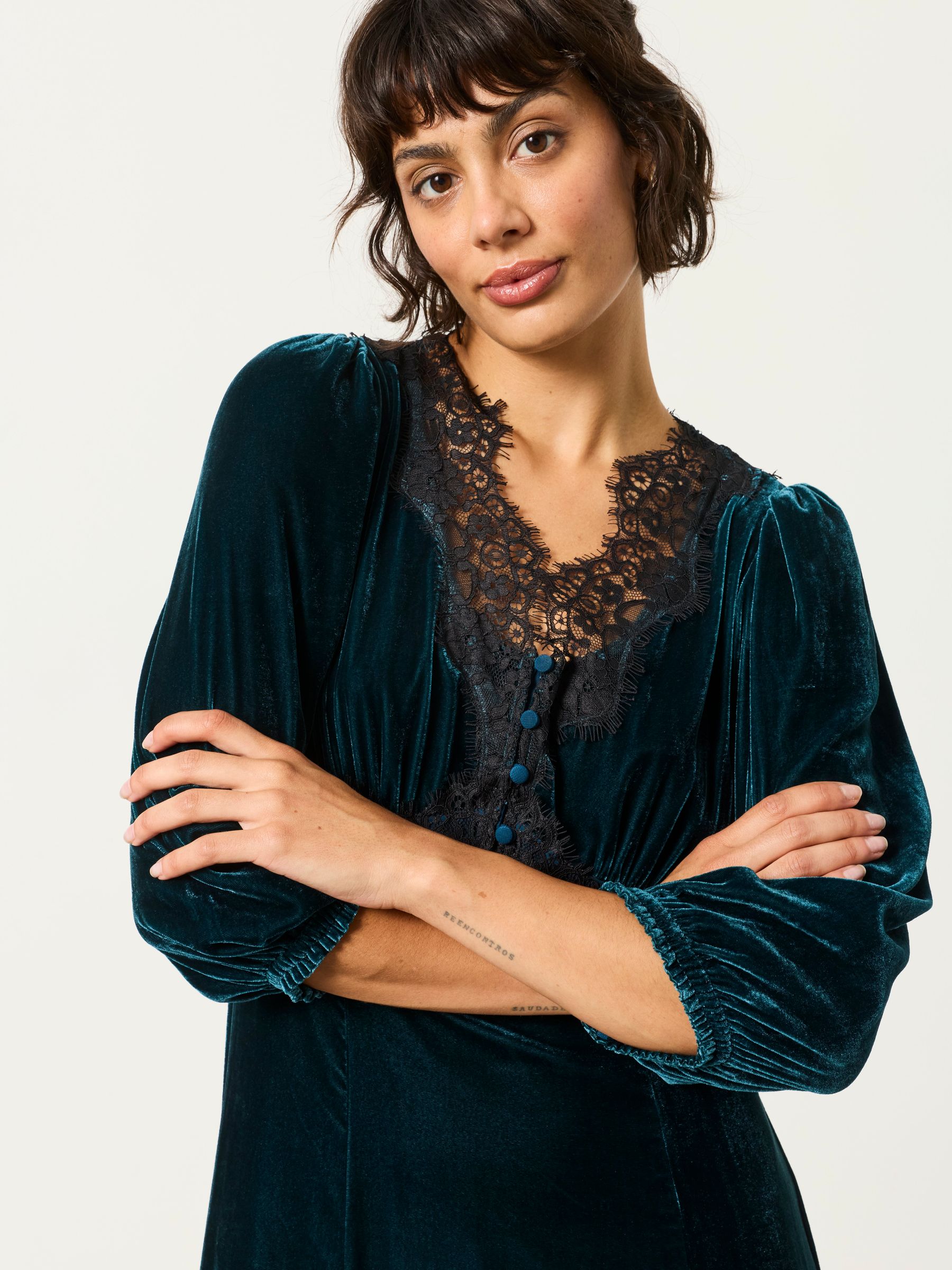 Libby Teal Blue Velvet Midi Dress - Image 3 of 6