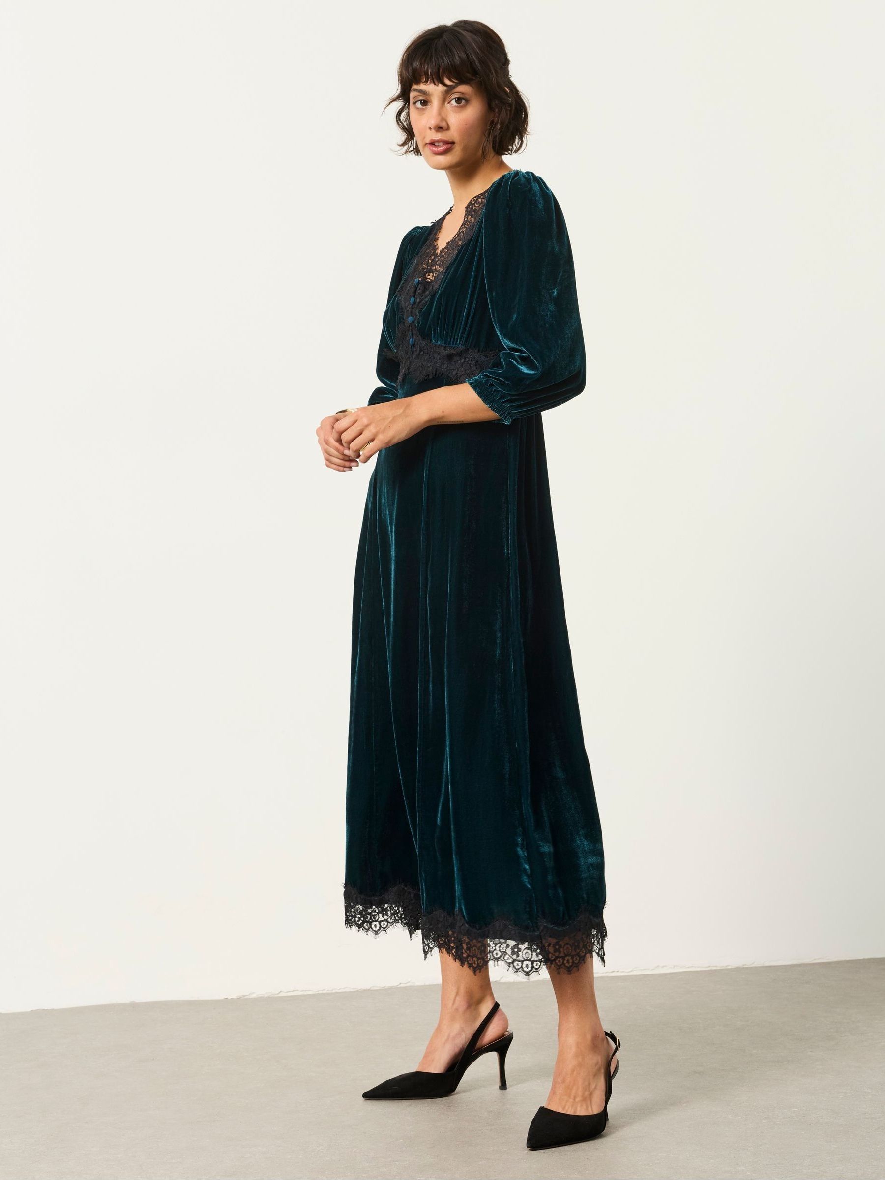 Libby Teal Blue Velvet Midi Dress - Image 4 of 6