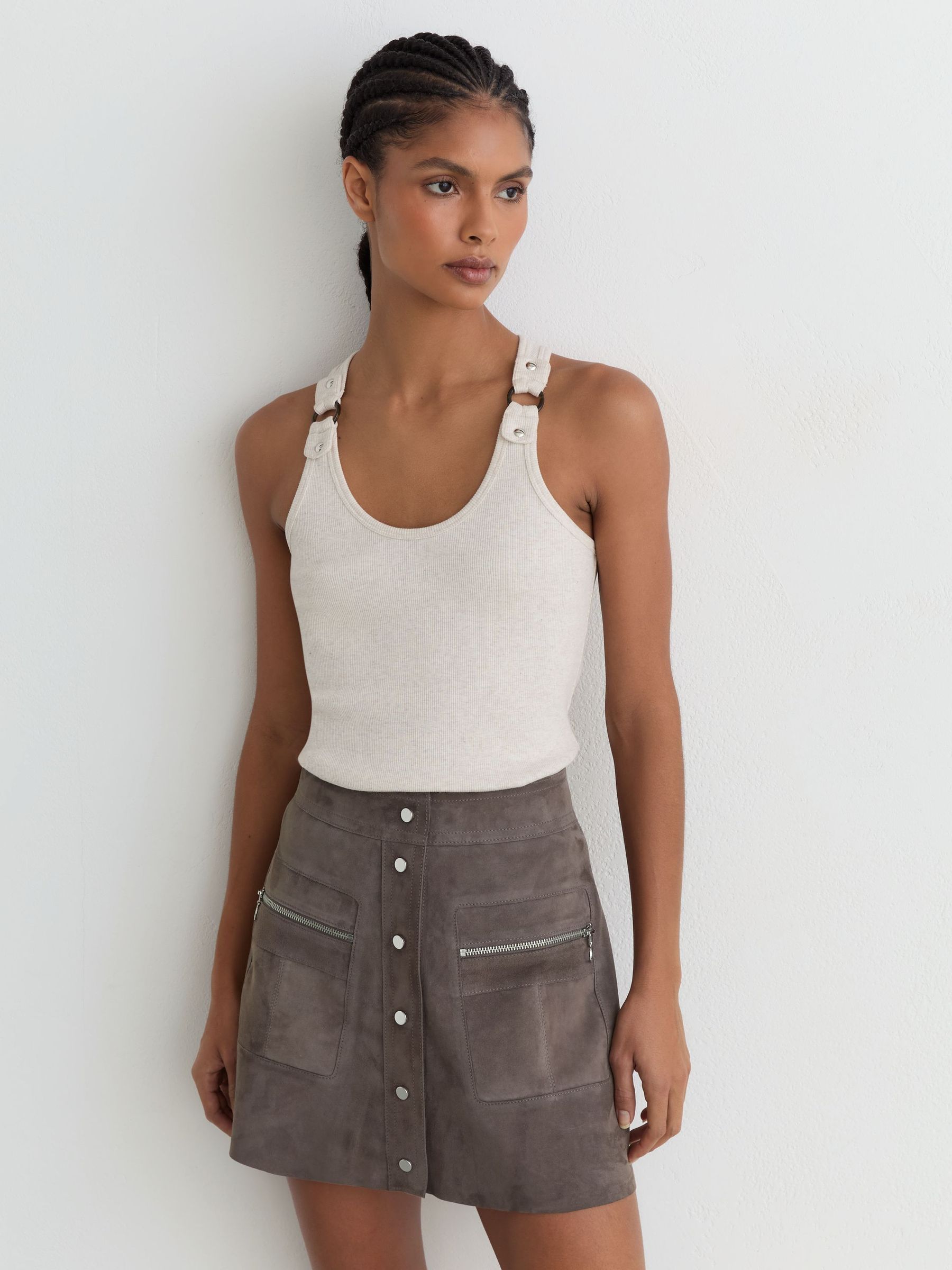 Suede Zip-Pocket Mini Skirt in Dark Grey - Image 1 of 7