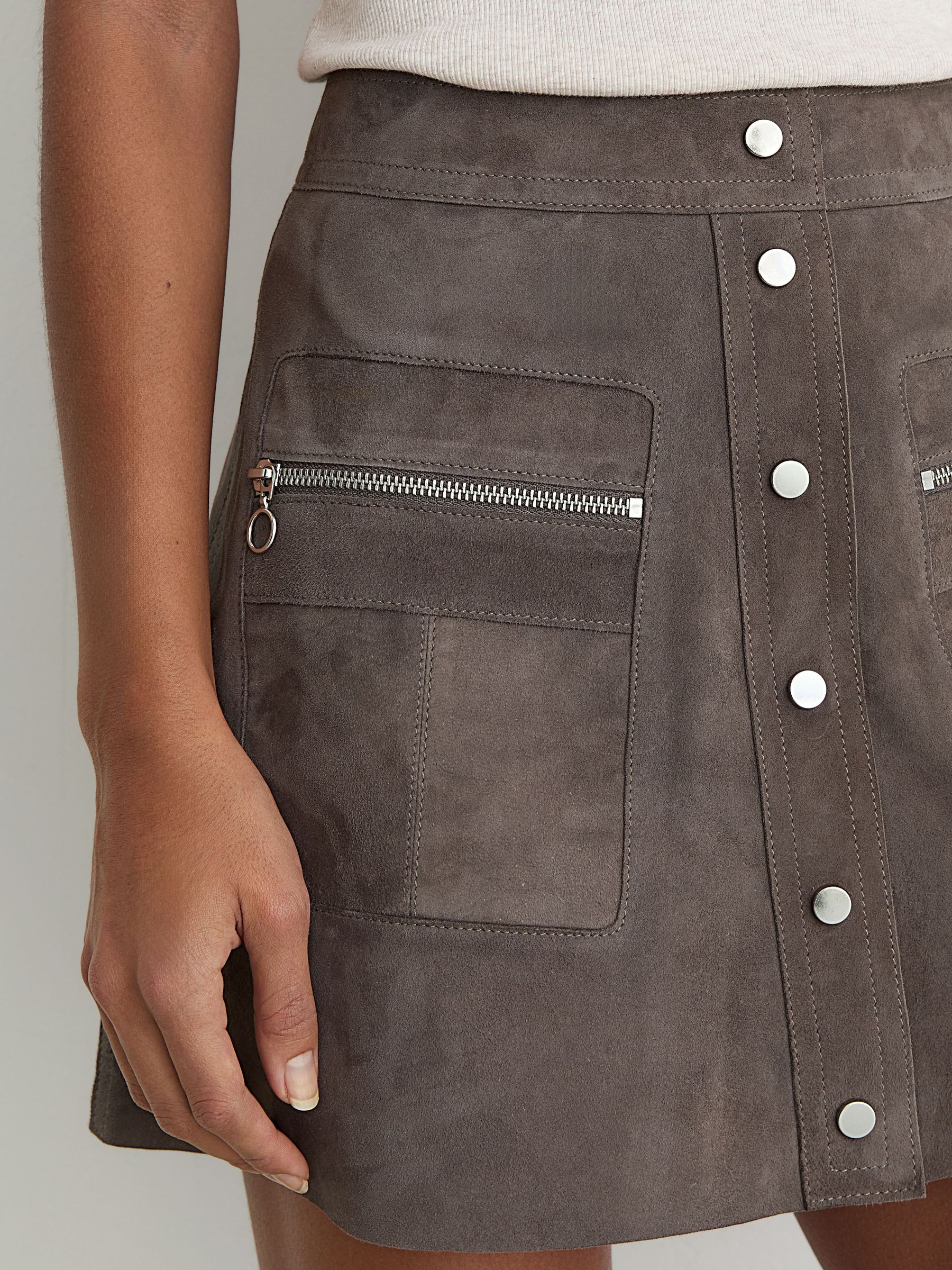 Suede Zip-Pocket Mini Skirt in Dark Grey - Image 5 of 7