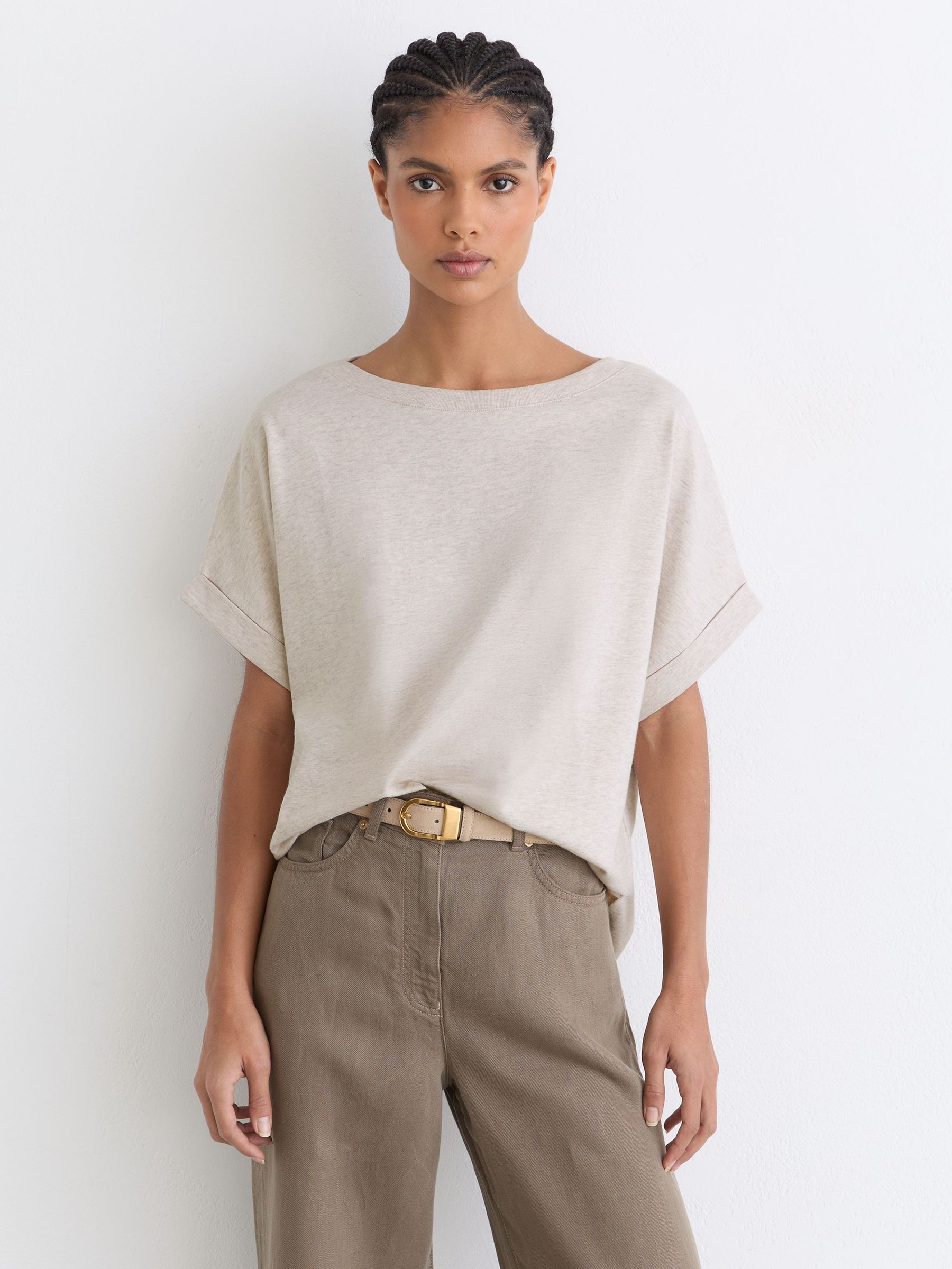 Cotton Wide-Neck Relaxed-Fit T-Shirt in Neutral Marl - Image 3 of 6