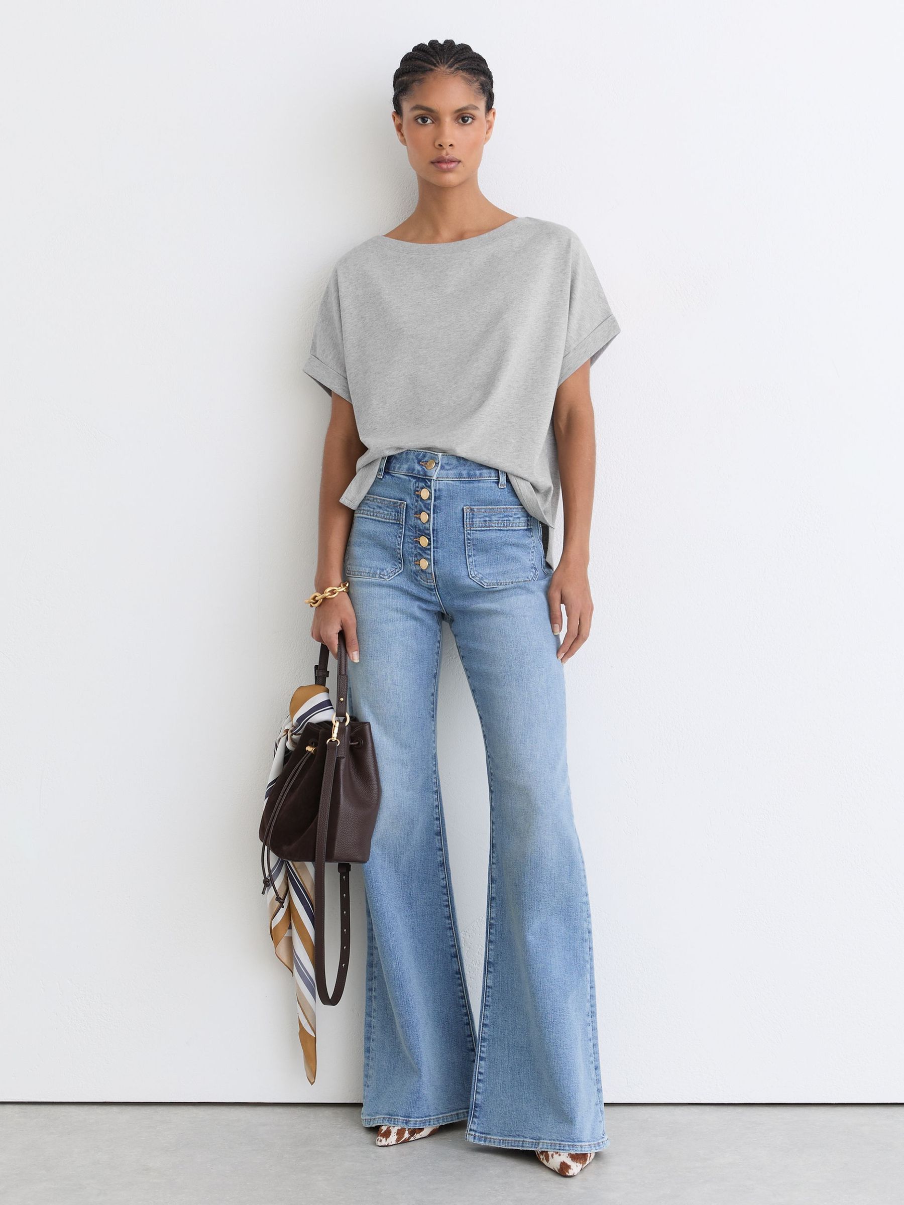 Cotton Wide-Neck Relaxed-Fit T-Shirt in Grey Marl - Image 1 of 6