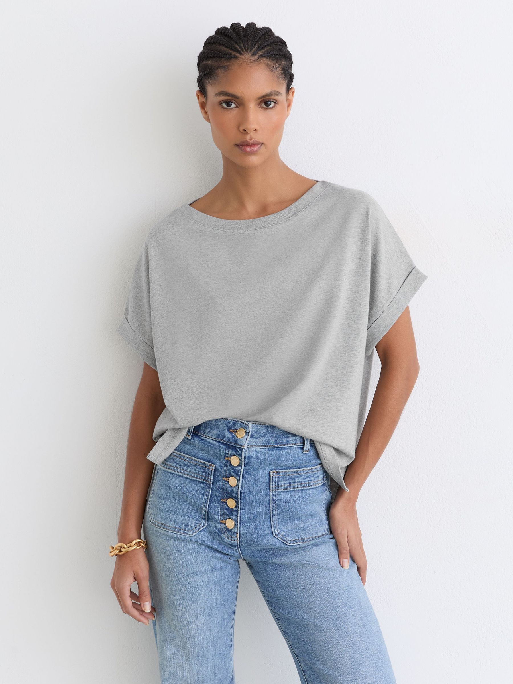 Cotton Wide-Neck Relaxed-Fit T-Shirt in Grey Marl - Image 3 of 6