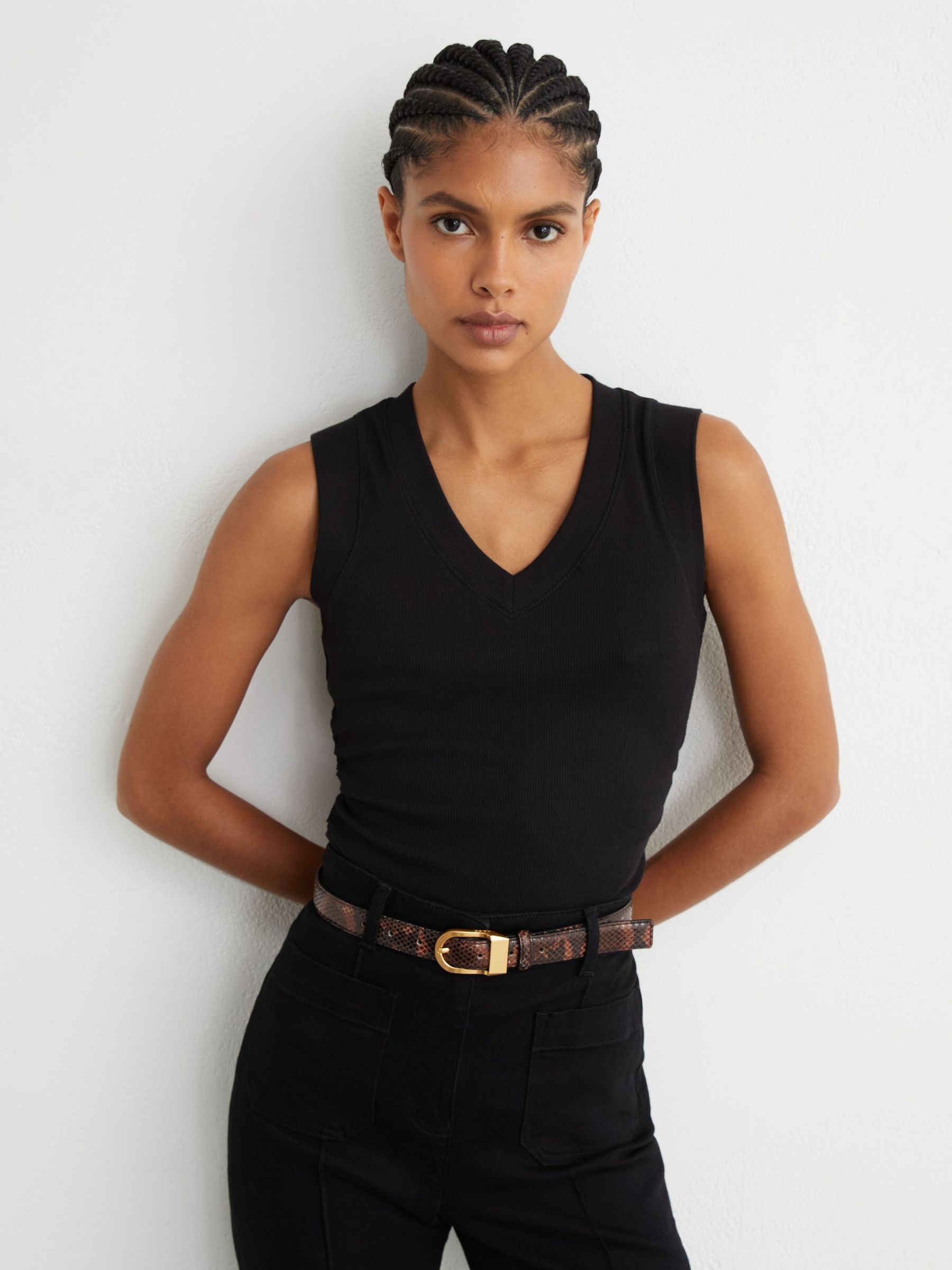 Stretch-Cotton Rib Ruched V-Neck Vest in Black - Image 1 of 7