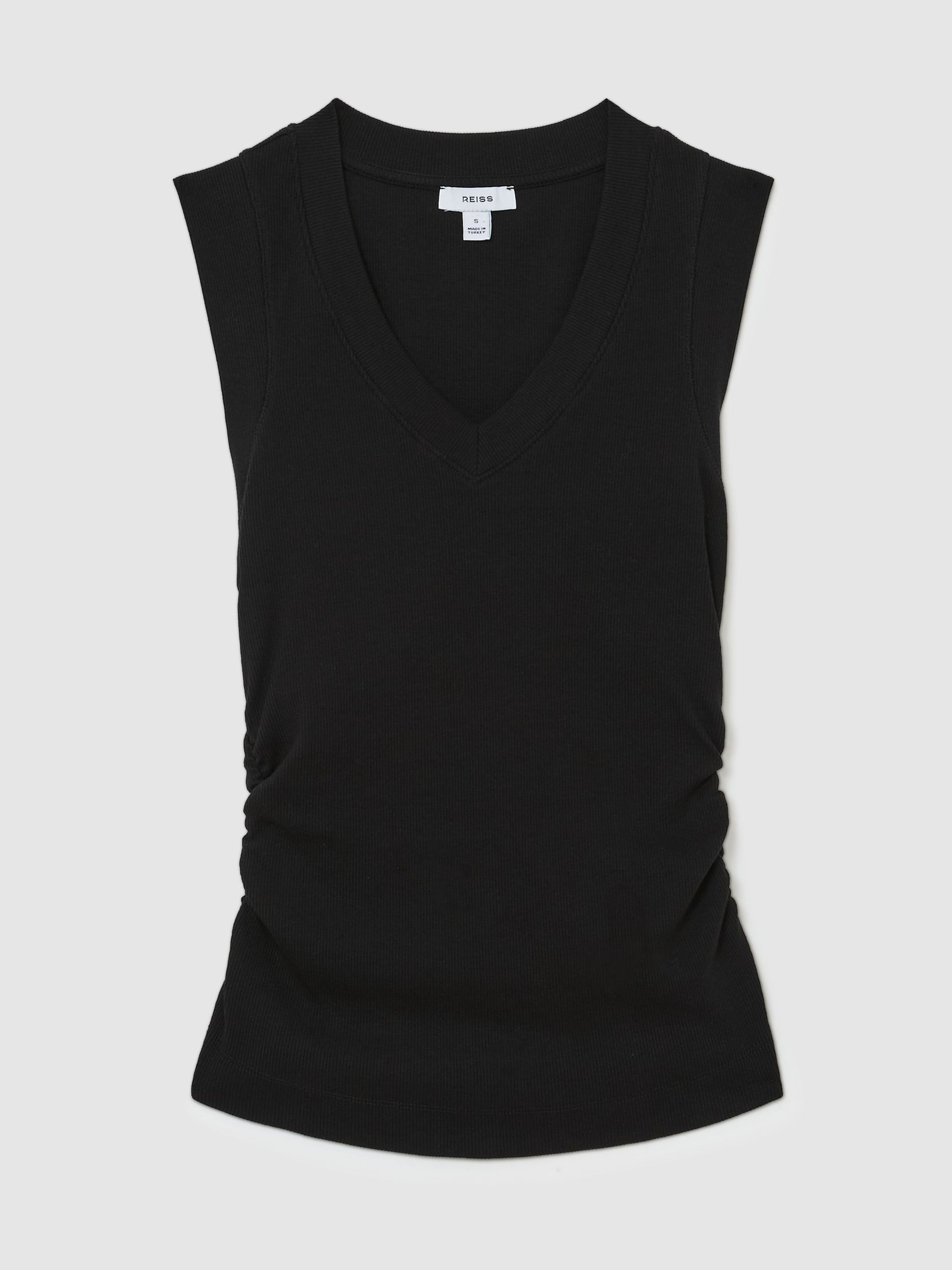 Stretch-Cotton Rib Ruched V-Neck Vest in Black - Image 2 of 7