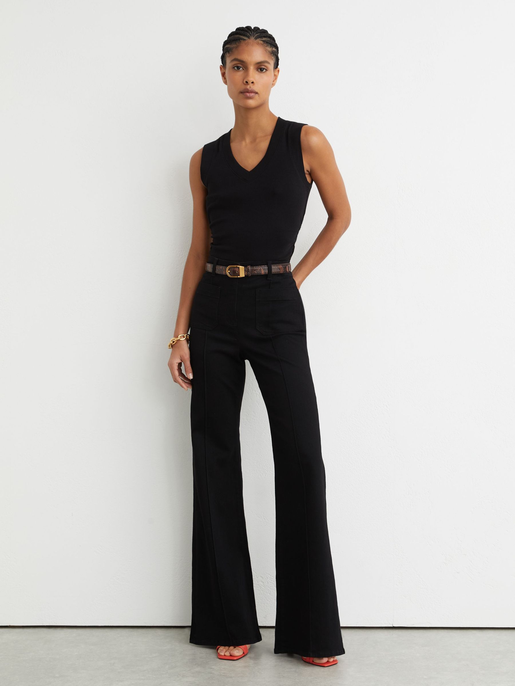 Stretch-Cotton Rib Ruched V-Neck Vest in Black - Image 3 of 7