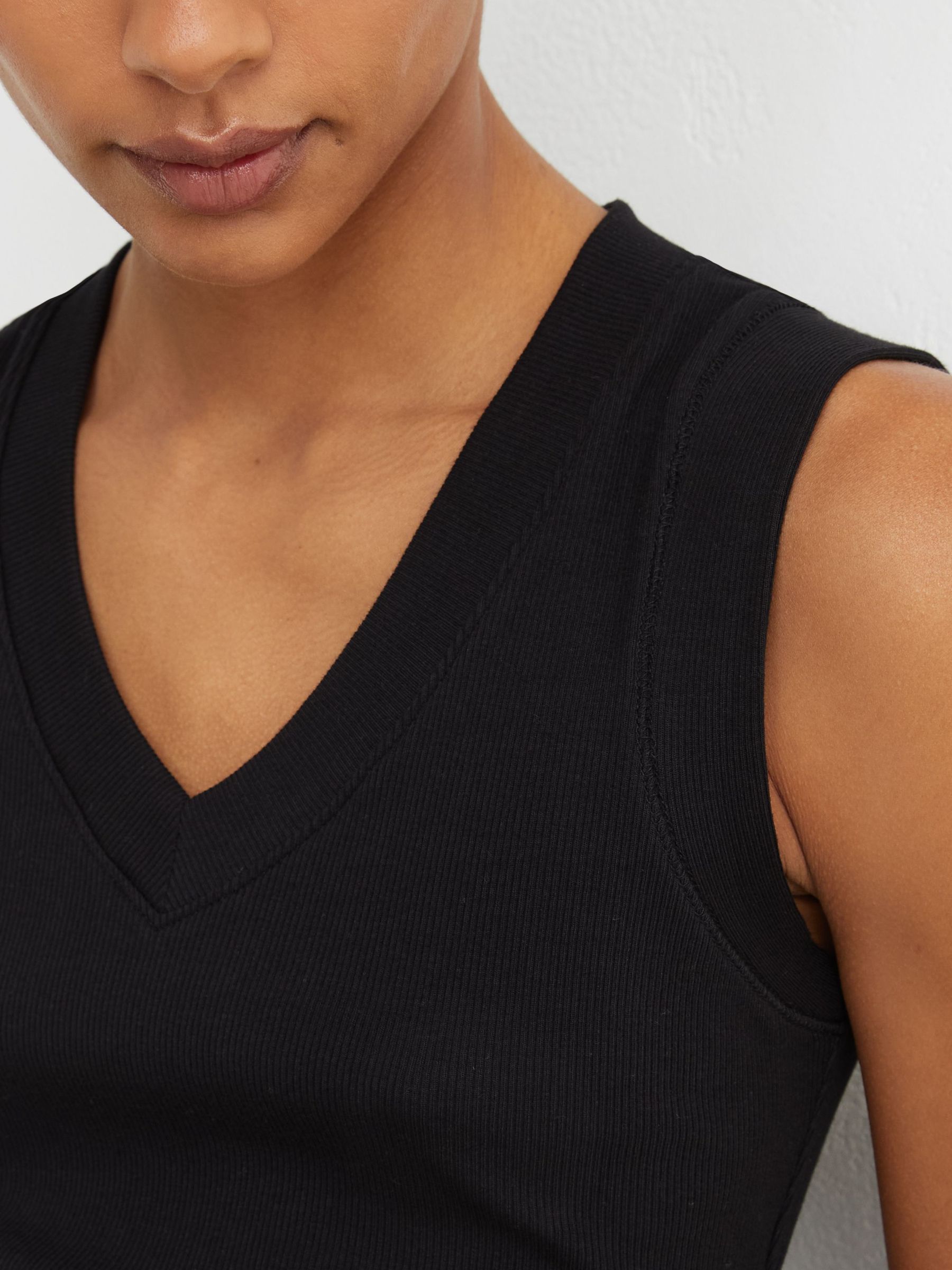 Stretch-Cotton Rib Ruched V-Neck Vest in Black - Image 4 of 7