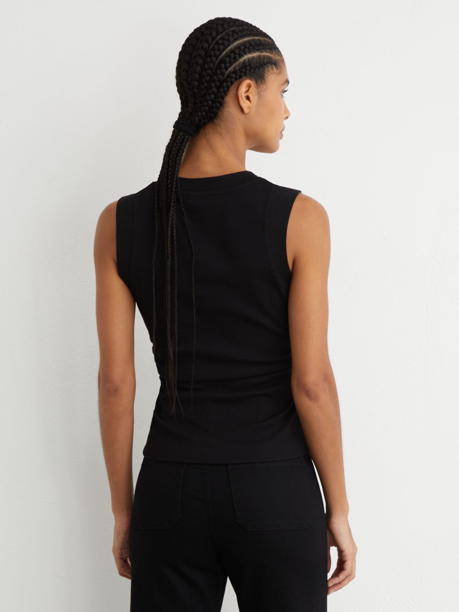 Stretch-Cotton Rib Ruched V-Neck Vest in Black - Image 5 of 7