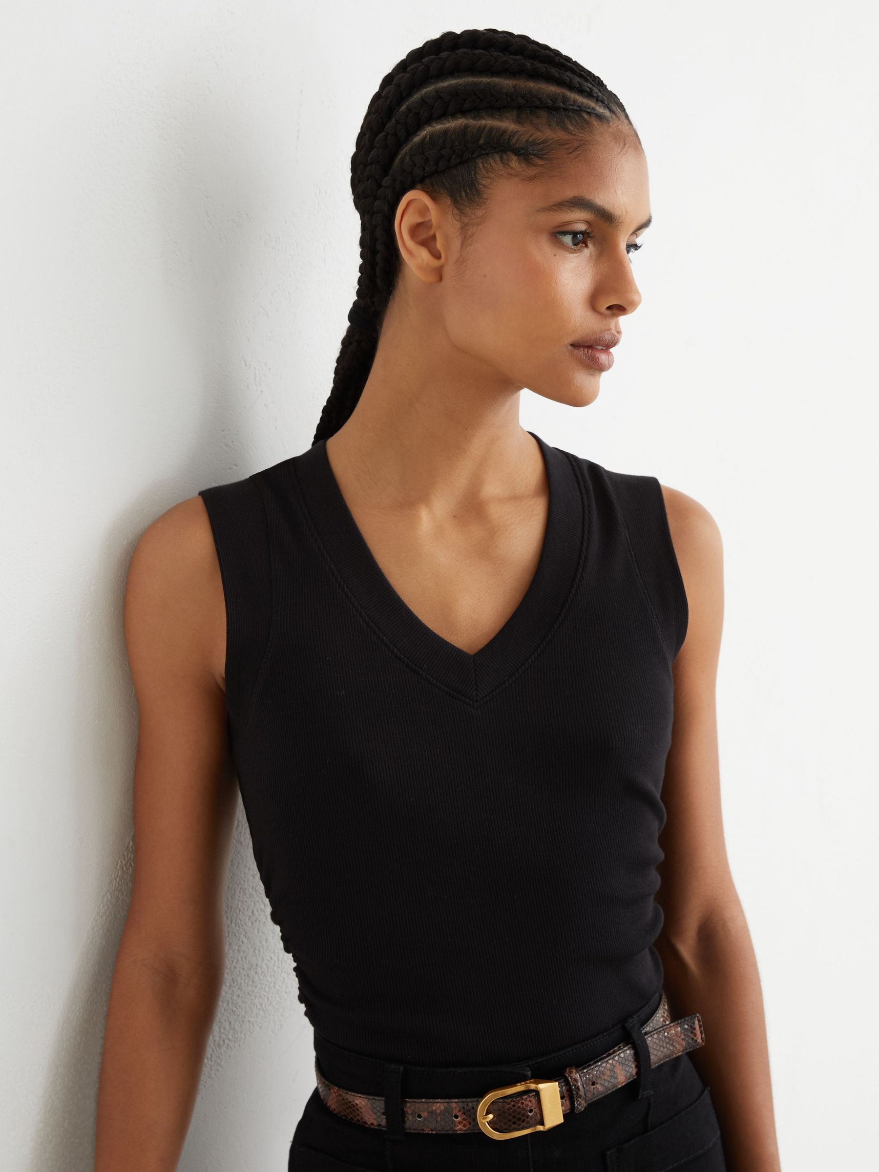 Stretch-Cotton Rib Ruched V-Neck Vest in Black - Image 6 of 7