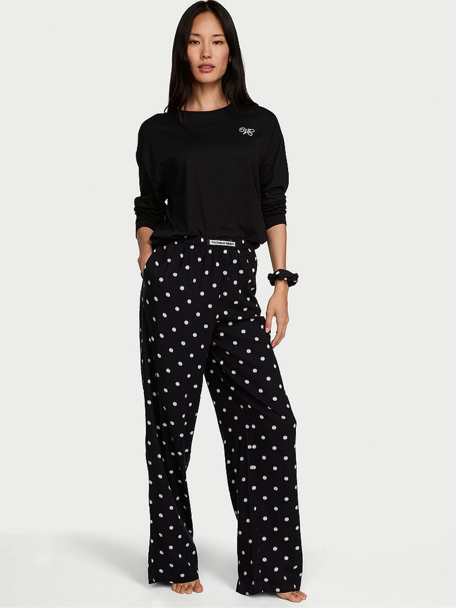 Black Polka Dot Long Sleeve Flannel Pyjamas Set - Image 1 of 2
