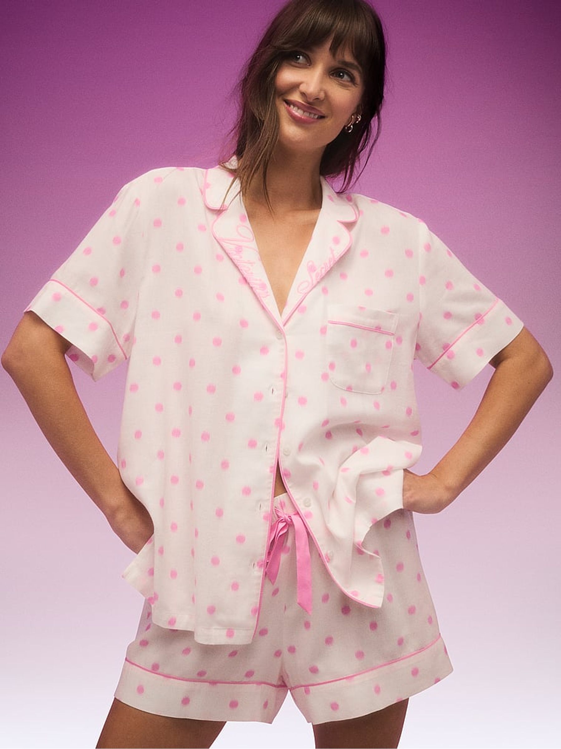 Pink Polka Dot White Flannel Shorts Pyjama Set - Image 1 of 3