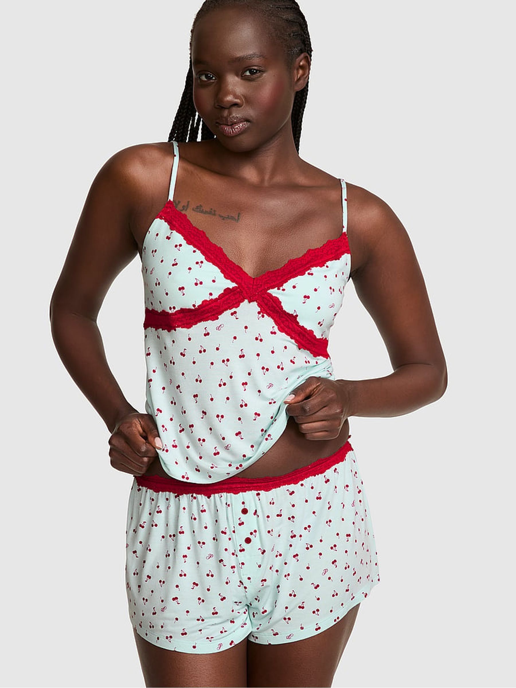 Spray Blue Cherries Print Modal Lace Micro Short Pyjama Bottoms - Image 1 of 2 Spray Blue Cherries Print Modal Lace Micro Short Pyjama Bottoms - Image 1 of 2