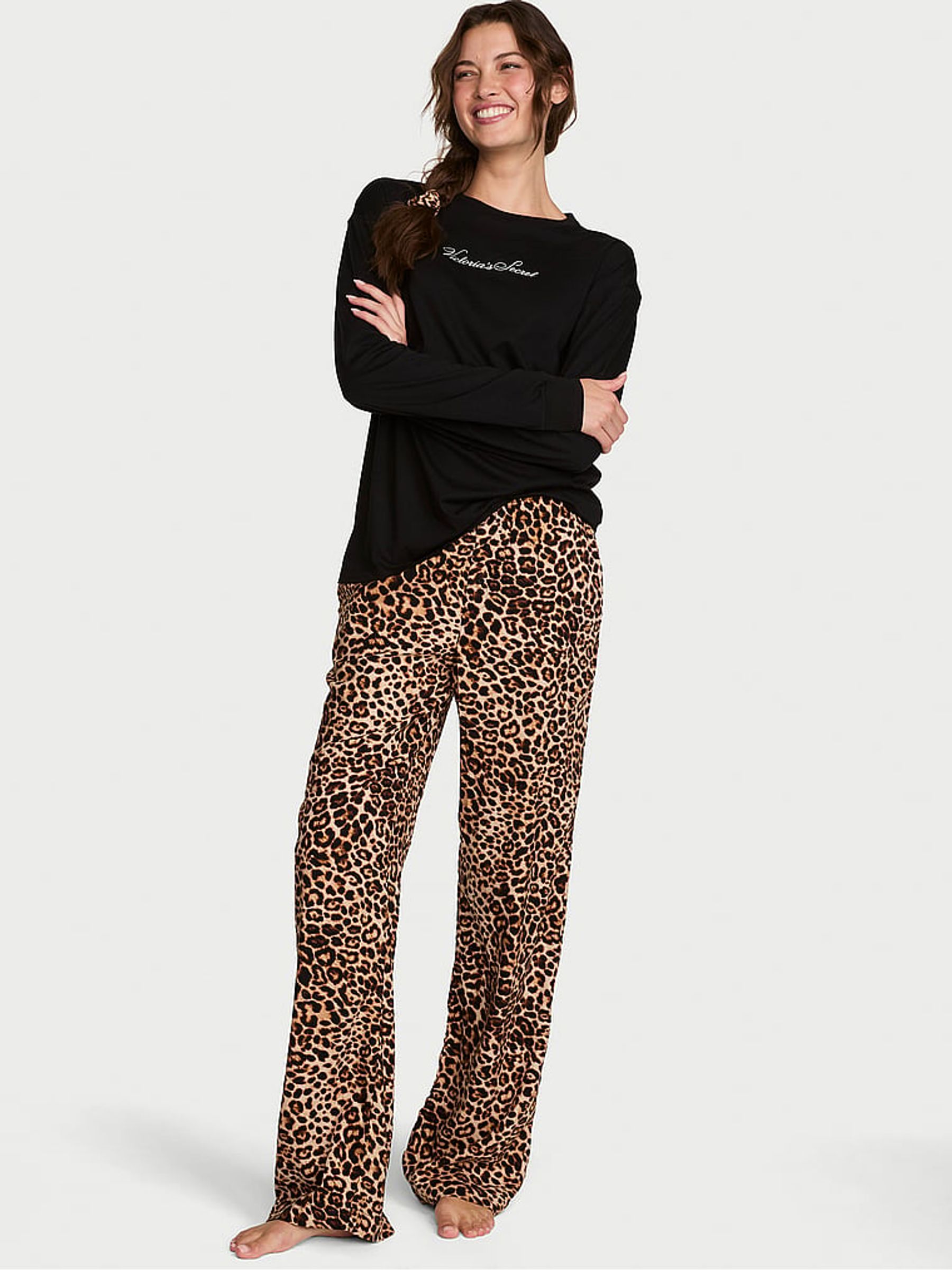 Black & Leopard Brown Long Sleeve Flannel Pyjamas Set - Image 1 of 2 Black & Leopard Brown Long Sleeve Flannel Pyjamas Set - Image 1 of 2
