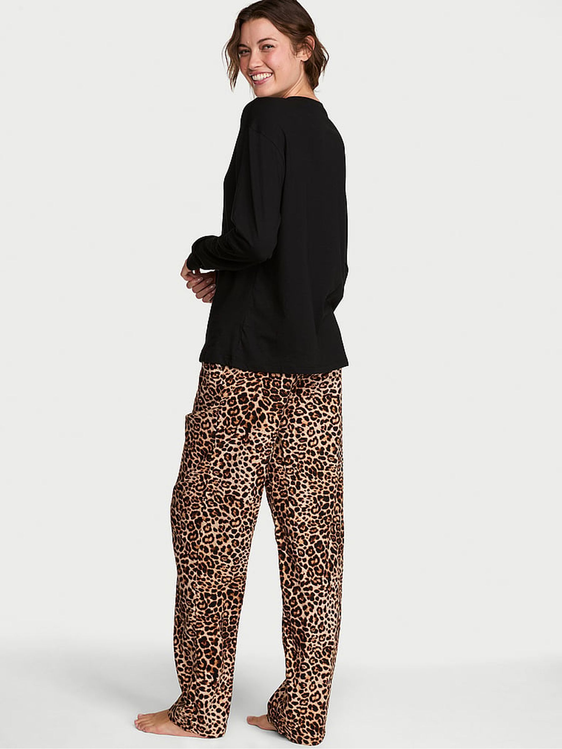 Black & Leopard Brown Long Sleeve Flannel Pyjamas Set - Image 2 of 2 Black & Leopard Brown Long Sleeve Flannel Pyjamas Set - Image 2 of 2