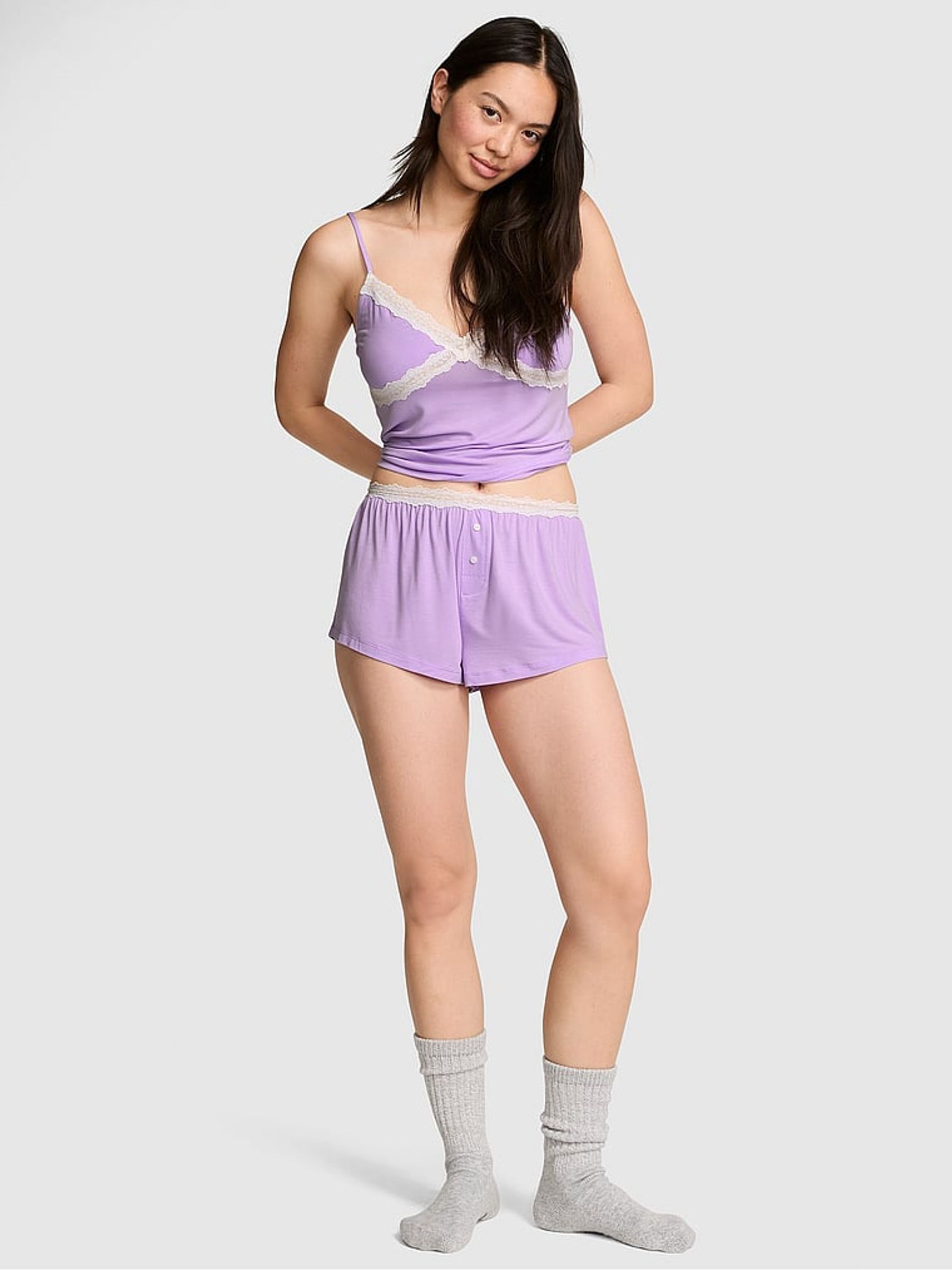 Lavender Purple Modal Lace Micro Short Pyjama Bottoms - Image 1 of 2 Lavender Purple Modal Lace Micro Short Pyjama Bottoms - Image 1 of 2
