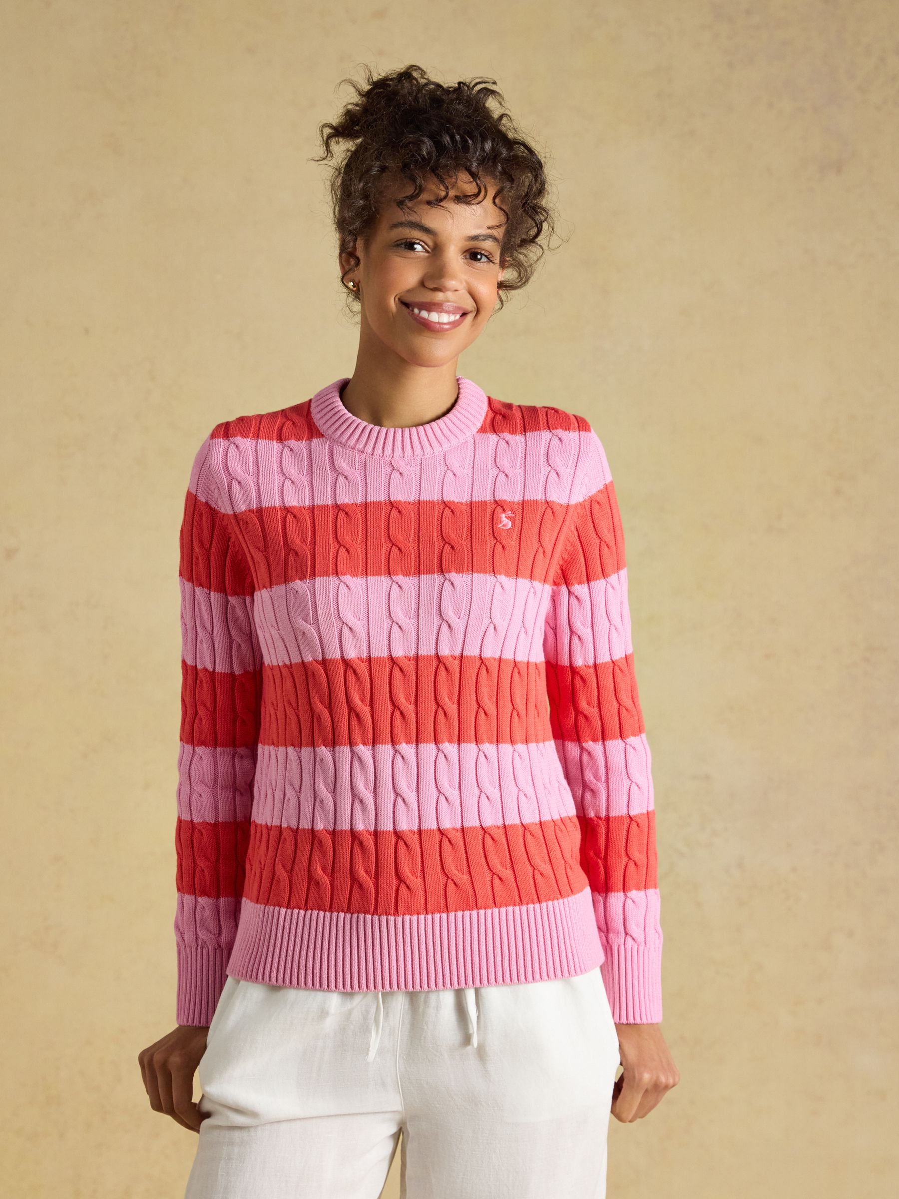 Pink & Coral Red Striped Classic Crew Neck Cotton Cable Knit Jumper - Image 1 of 7
