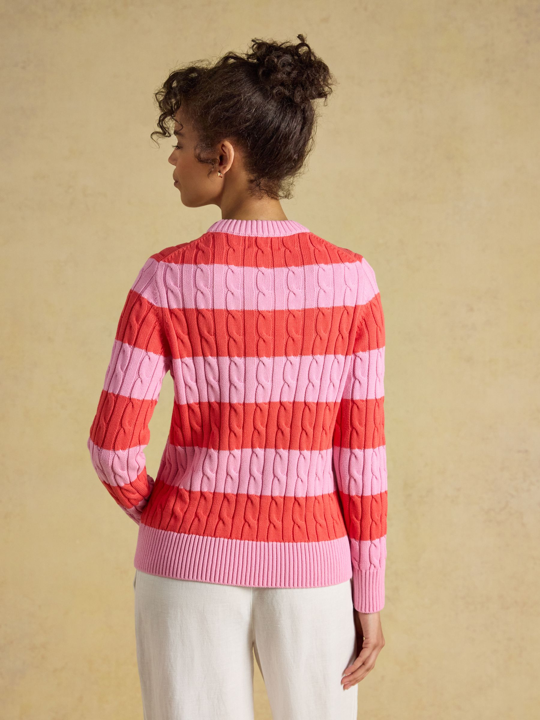 Pink & Coral Red Striped Classic Crew Neck Cotton Cable Knit Jumper - Image 2 of 7
