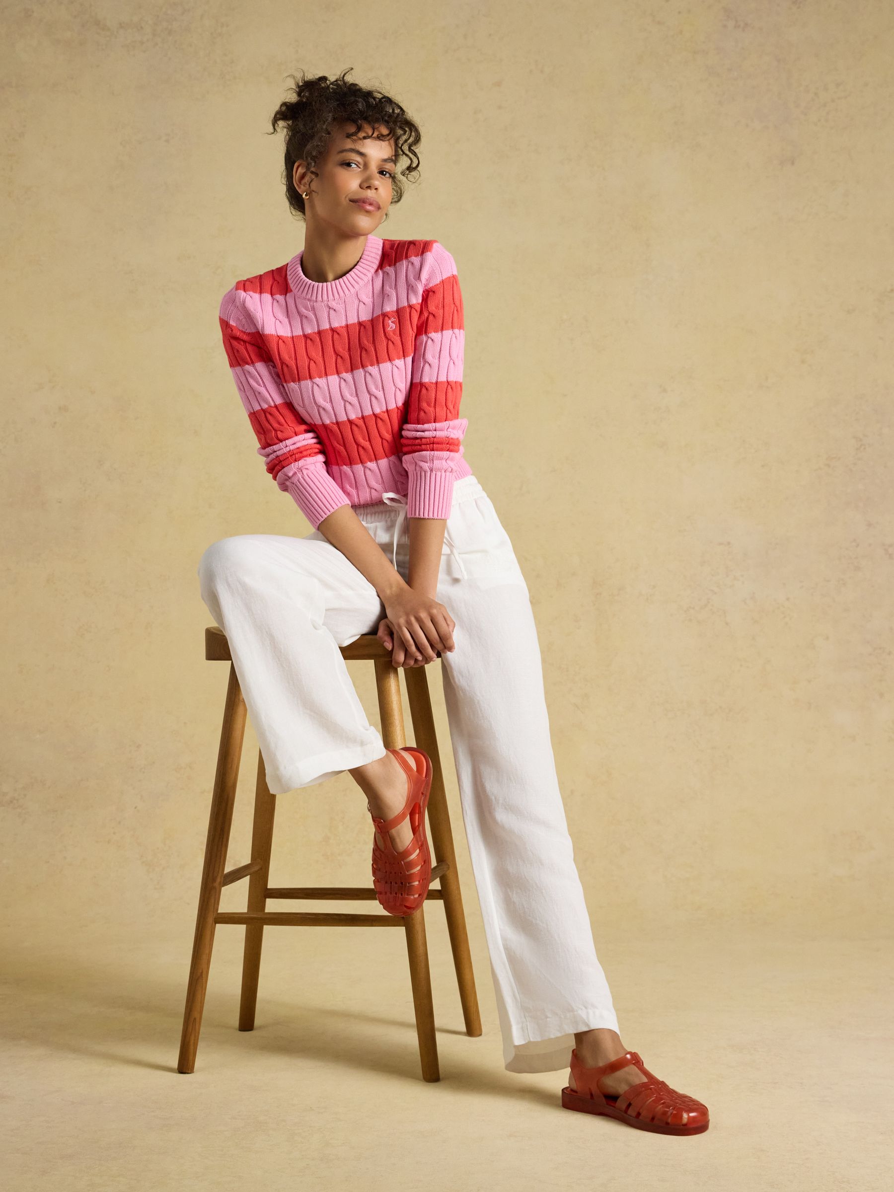 Pink & Coral Red Striped Classic Crew Neck Cotton Cable Knit Jumper - Image 3 of 7