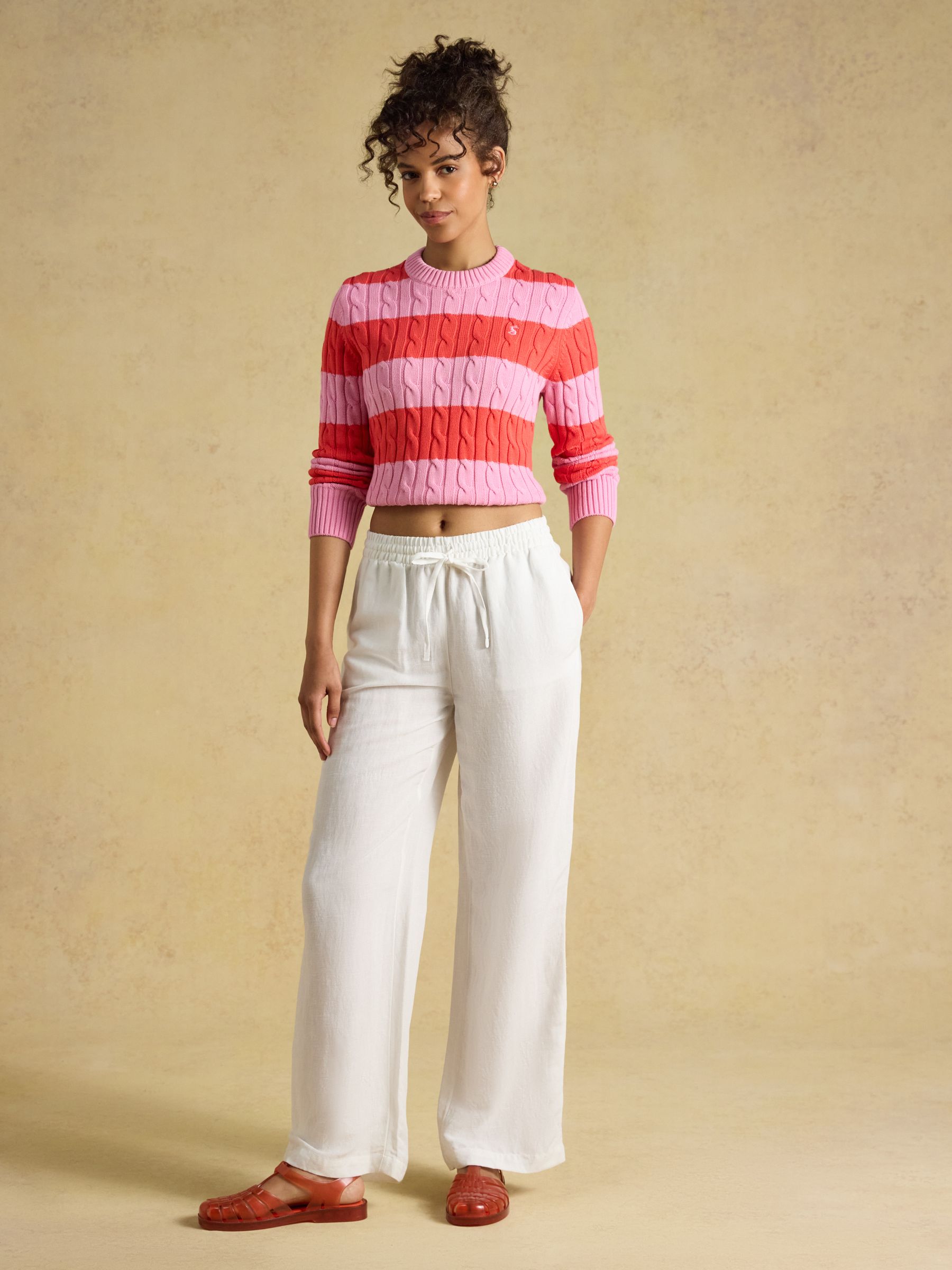 Pink & Coral Red Striped Classic Crew Neck Cotton Cable Knit Jumper - Image 5 of 7