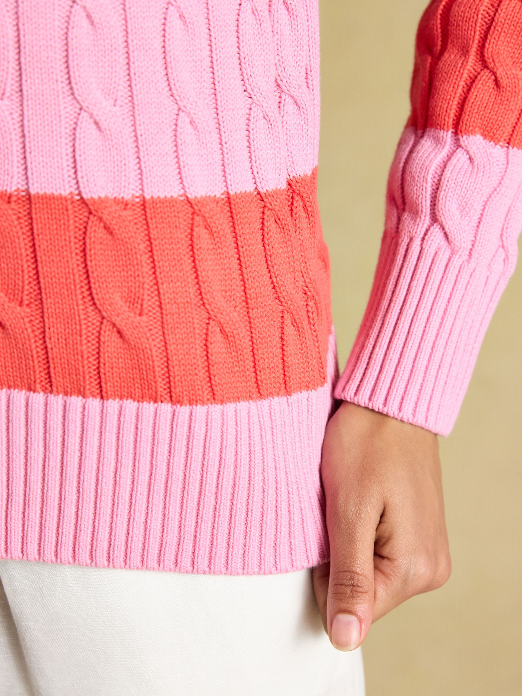 Pink & Coral Red Striped Classic Crew Neck Cotton Cable Knit Jumper - Image 6 of 7