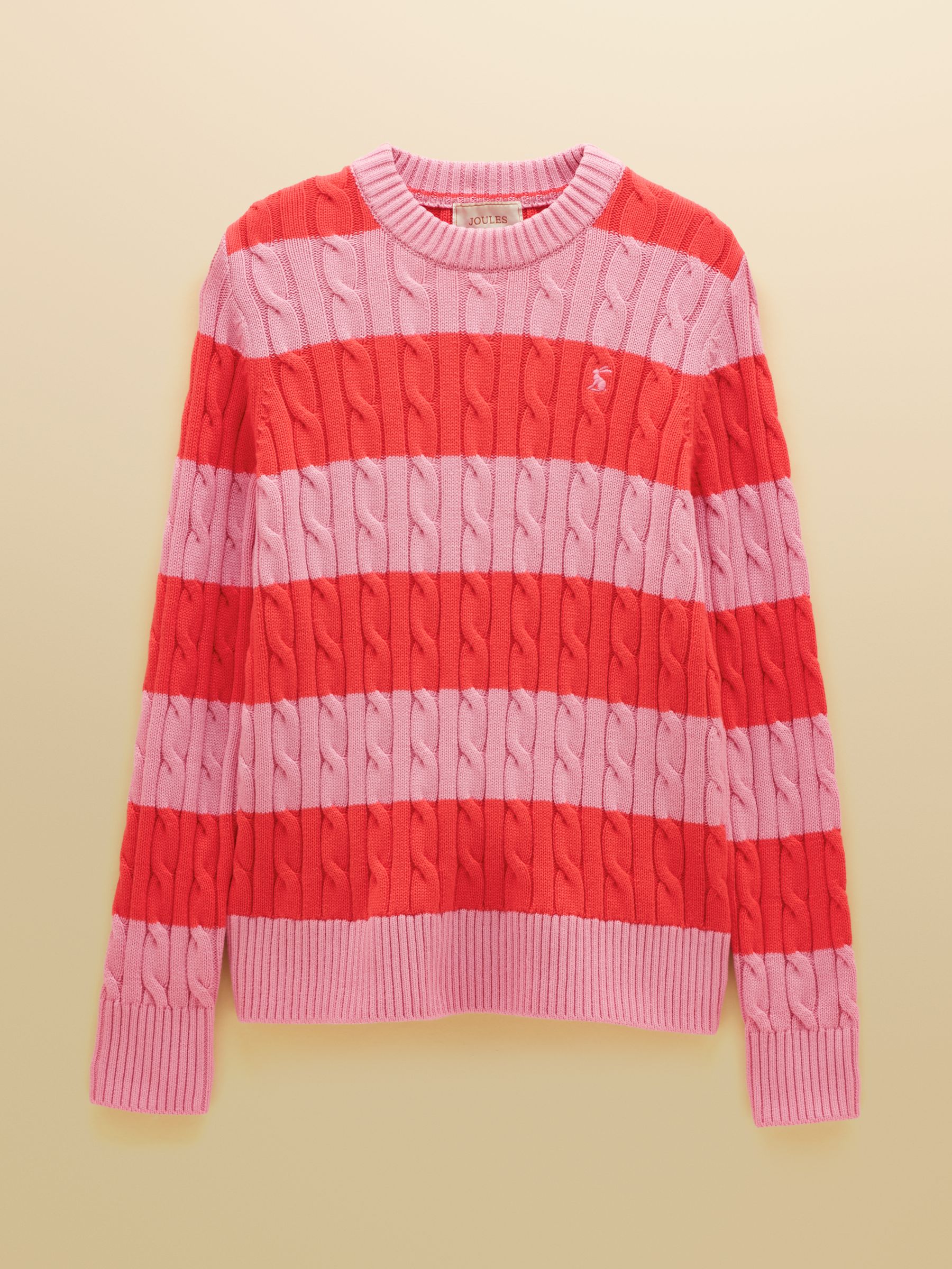 Pink & Coral Red Striped Classic Crew Neck Cotton Cable Knit Jumper - Image 7 of 7