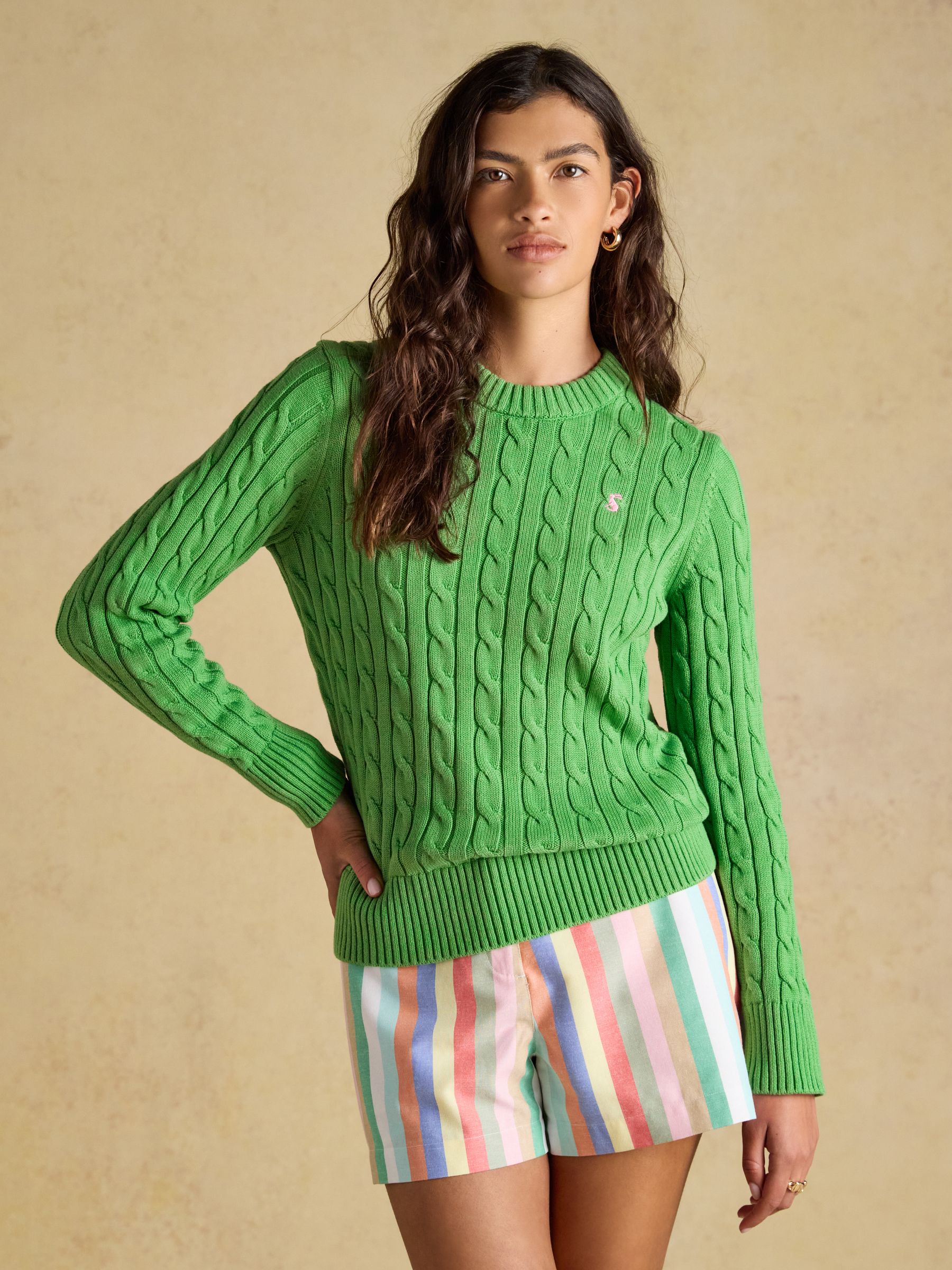 Light Green Classic Crew Neck Cotton Cable Knit Jumper - Image 1 of 7 Light Green Classic Crew Neck Cotton Cable Knit Jumper - Image 1 of 7