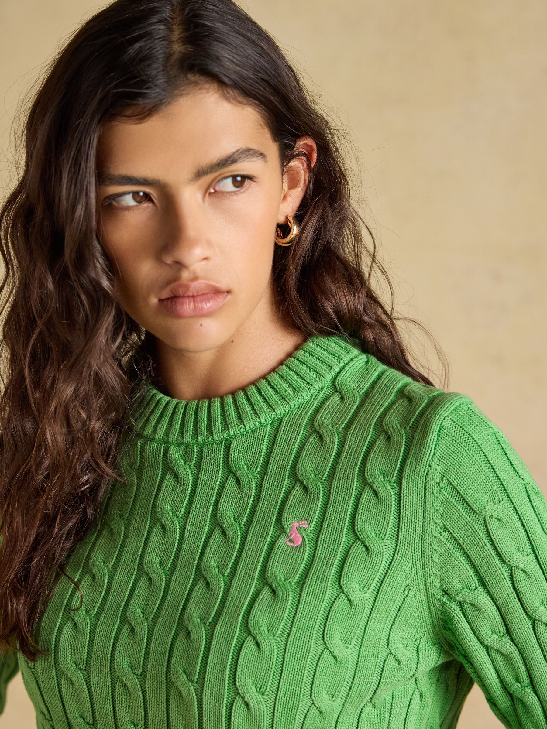 Light Green Classic Crew Neck Cotton Cable Knit Jumper - Image 4 of 7